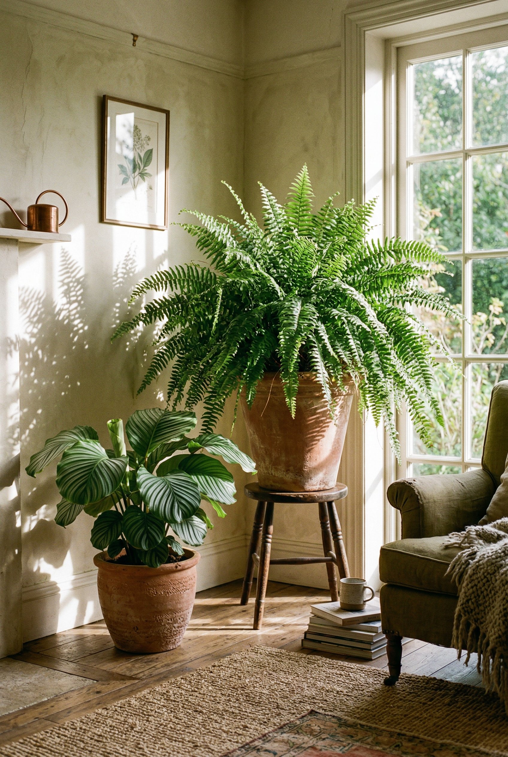 Photorealistic interior photo. Lush living room corner with a large Boston fern and Calathea in raw terracotta pots, rich natural sunlight casting leafy shadows, low camera angle. Editorial photograph