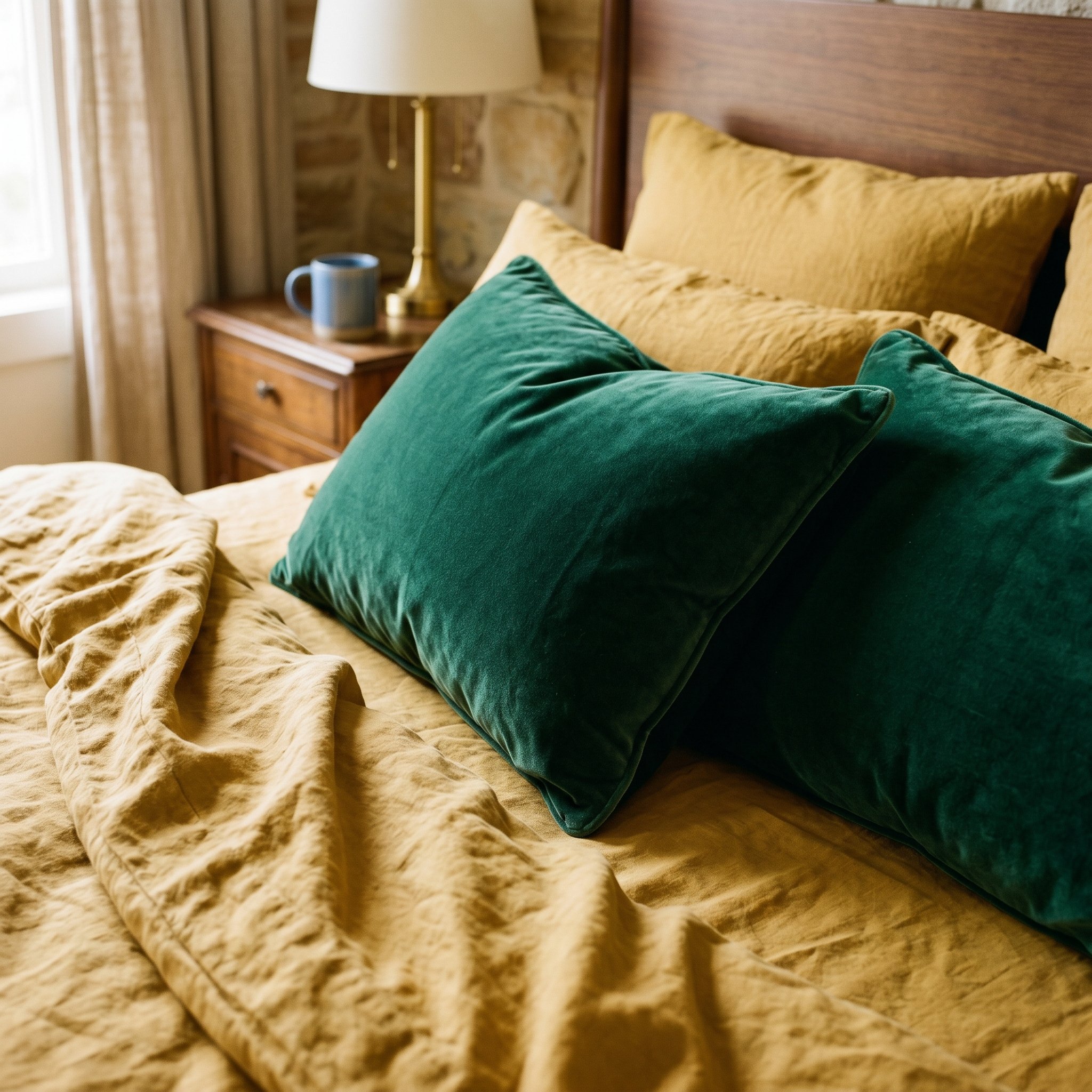 Photorealistic interior photo. Luxurious bedroom close-up showing emerald green velvet throw pillows resting on washed mustard yellow linen sheets. Editorial photography style, rich textures, no peopl
