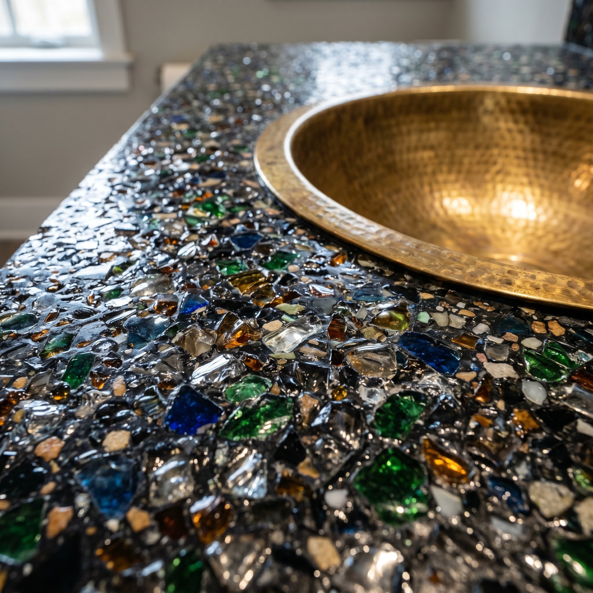 Photorealistic interior photo. Luxury vanity countertop made of dark recycled glass terrazzo, shimmering glass fragments catching the light, brass sink basin, bright targeted overhead light, macro tex