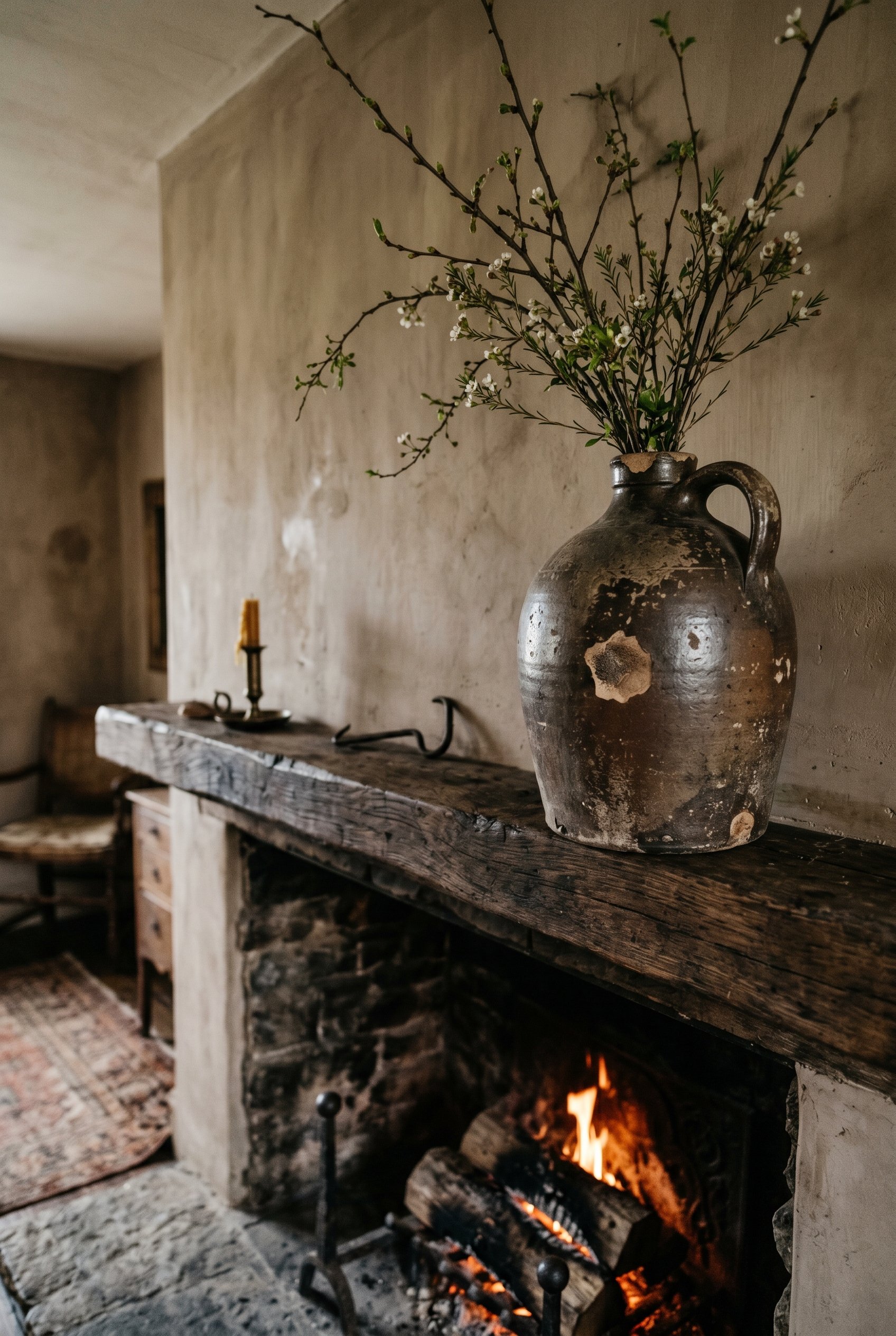Photorealistic interior photo. Massive antique stoneware jug with a chipped glaze sitting on the right side of a reclaimed wood mantel. A few delicate spring branches sprout from the top. Moody, rusti