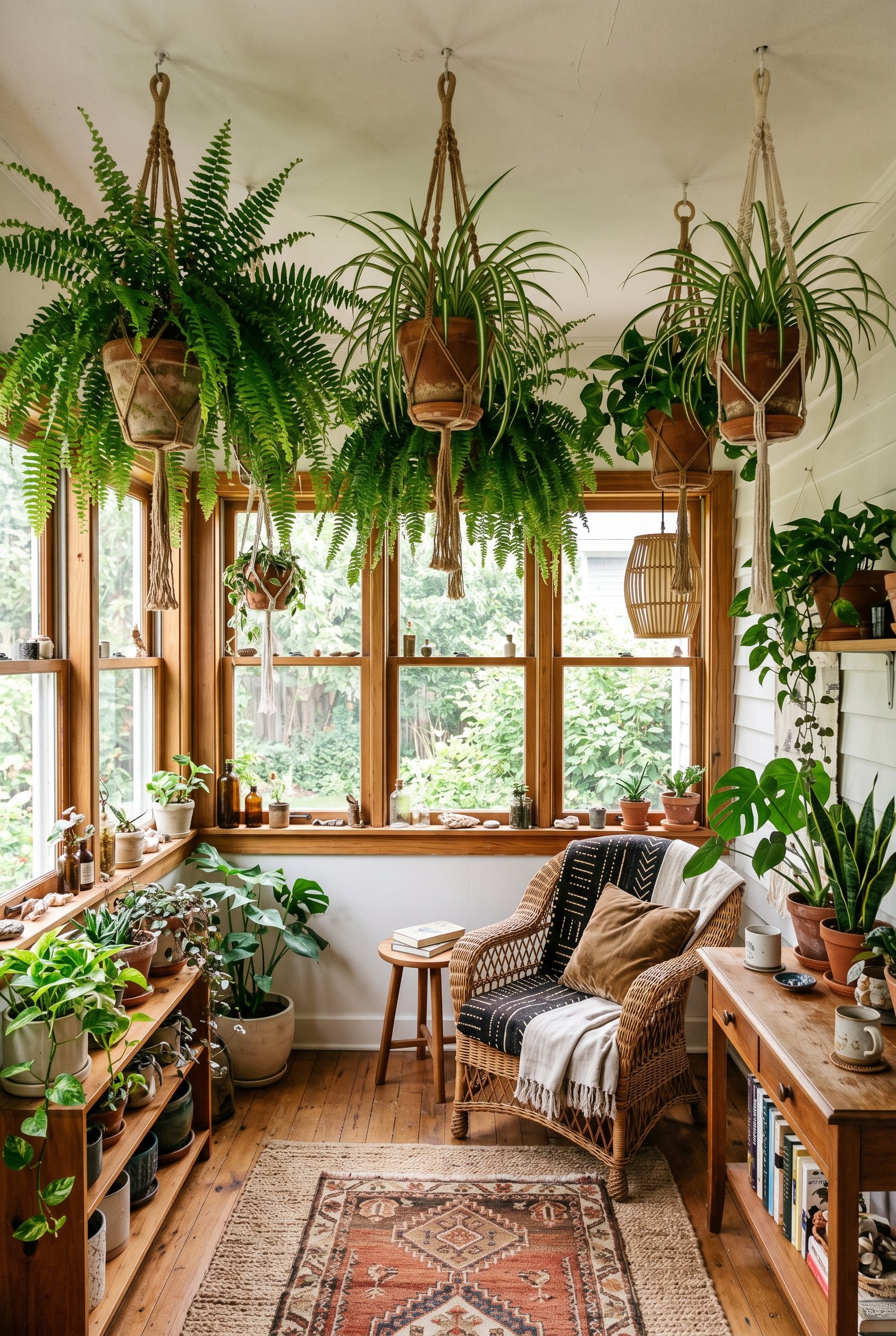 Photorealistic interior photo. Massive Boston ferns and spider plants hanging from the ceiling in weathered terra cotta pots, bright sunroom windows, lush green bohemian styling. Editorial photography