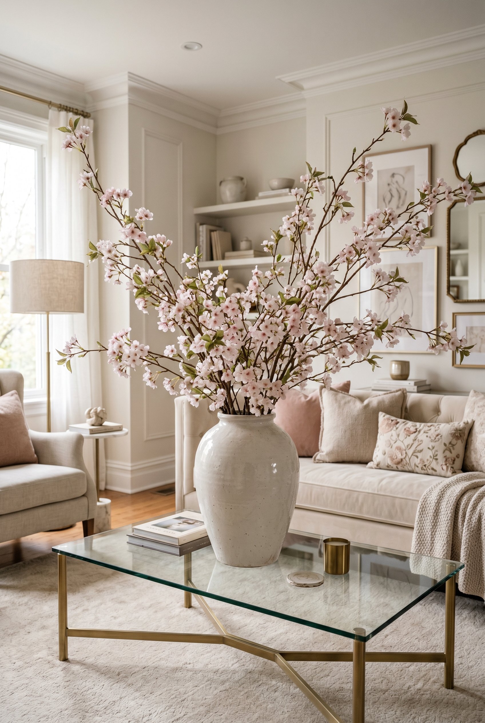 Photorealistic interior photo. Massive ceramic vase on a glass coffee table filled with loose oversized faux cherry blossom branches, soft feminine living room background, eye-level camera angle. Edit