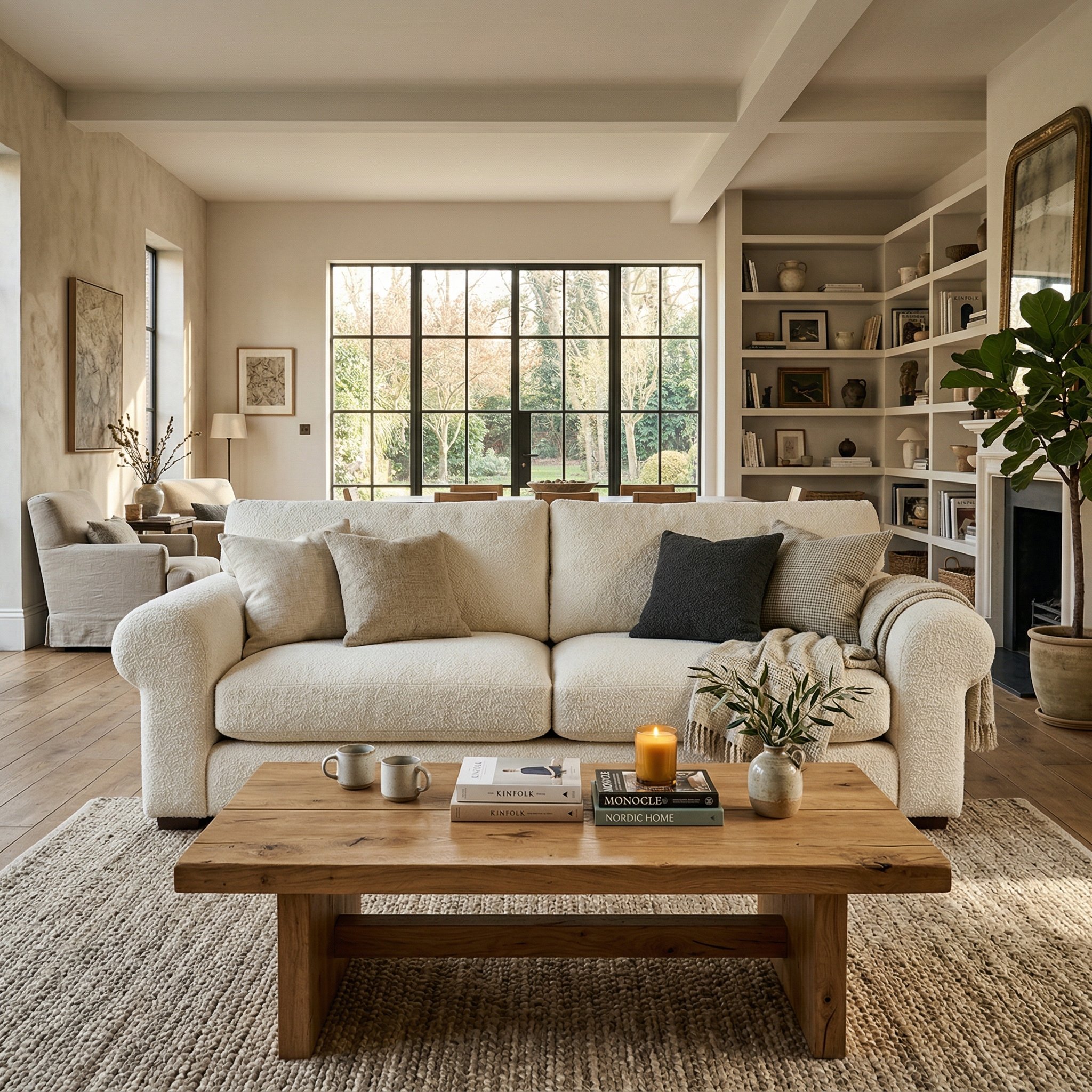Photorealistic interior photo. Massive, chunky rolled-arm sofa in ivory boucle, heavy solid oak coffee table, warm natural lighting, wide living room angle. Editorial photography style, no people visi