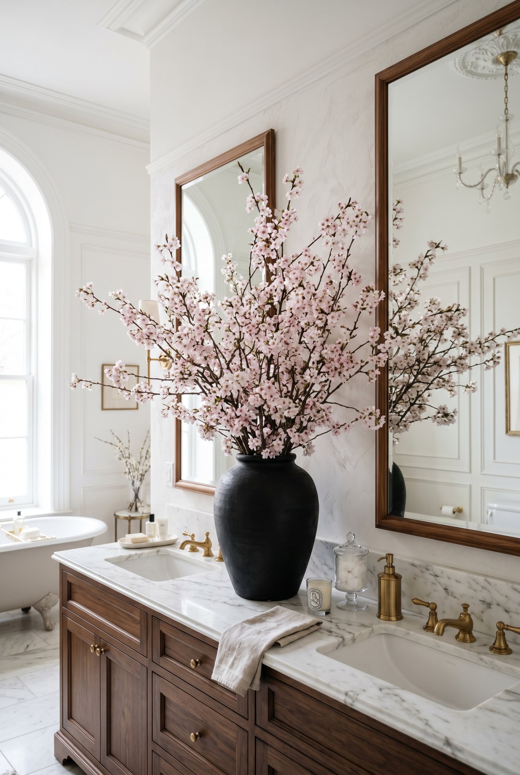 Photorealistic interior photo. Massive display of blooming cherry blossom branches in a heavy black ceramic vase on a luxury double vanity, high ceiling, bright natural daylight, medium straight-on sh