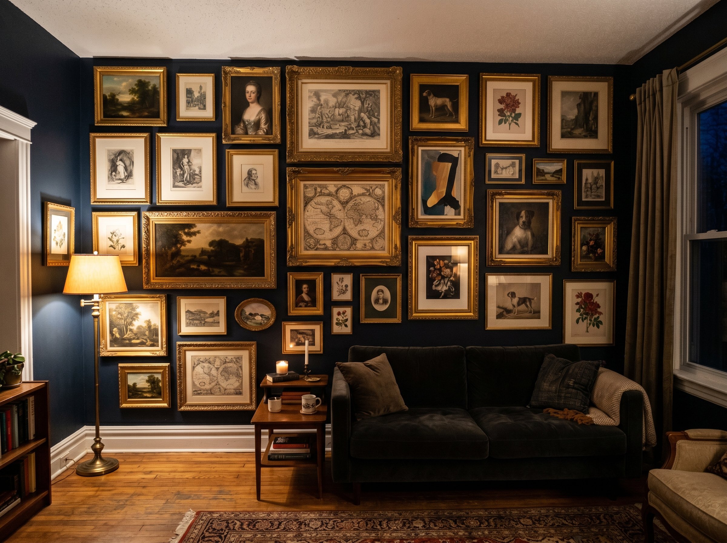 Photorealistic interior photo. Massive floor-to-ceiling gallery wall featuring eclectic vintage art in ornate gold frames, dark dramatic lighting, wide camera angle. Editorial photography style, no pe