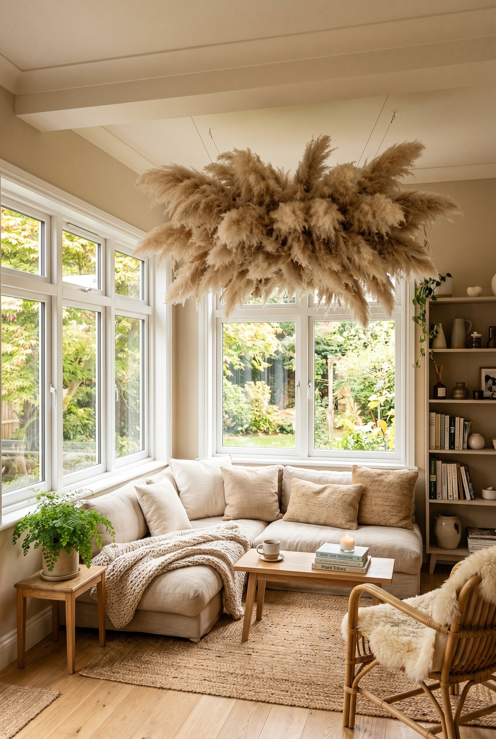 Photorealistic interior photo. Massive, fluffy pampas grass cloud installation suspended from the ceiling above a low seating area in a sunroom. Natural sunlight, neutral beige tones. Editorial photog
