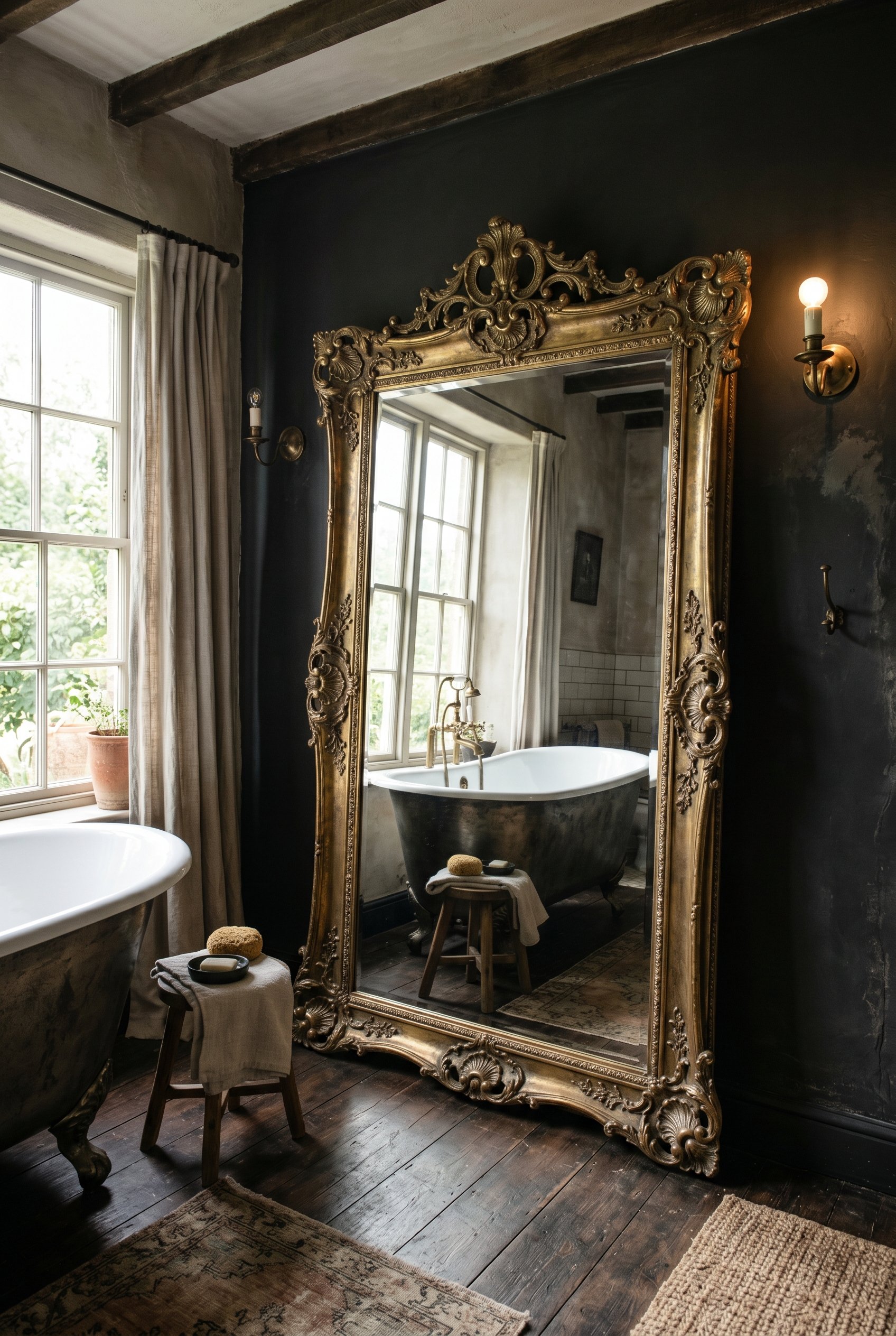 Photorealistic interior photo. Massive ornate vintage brass floor mirror leaning against a dark painted bathroom wall, reflecting a freestanding tub, moody natural light, wide angle shot. Editorial ph
