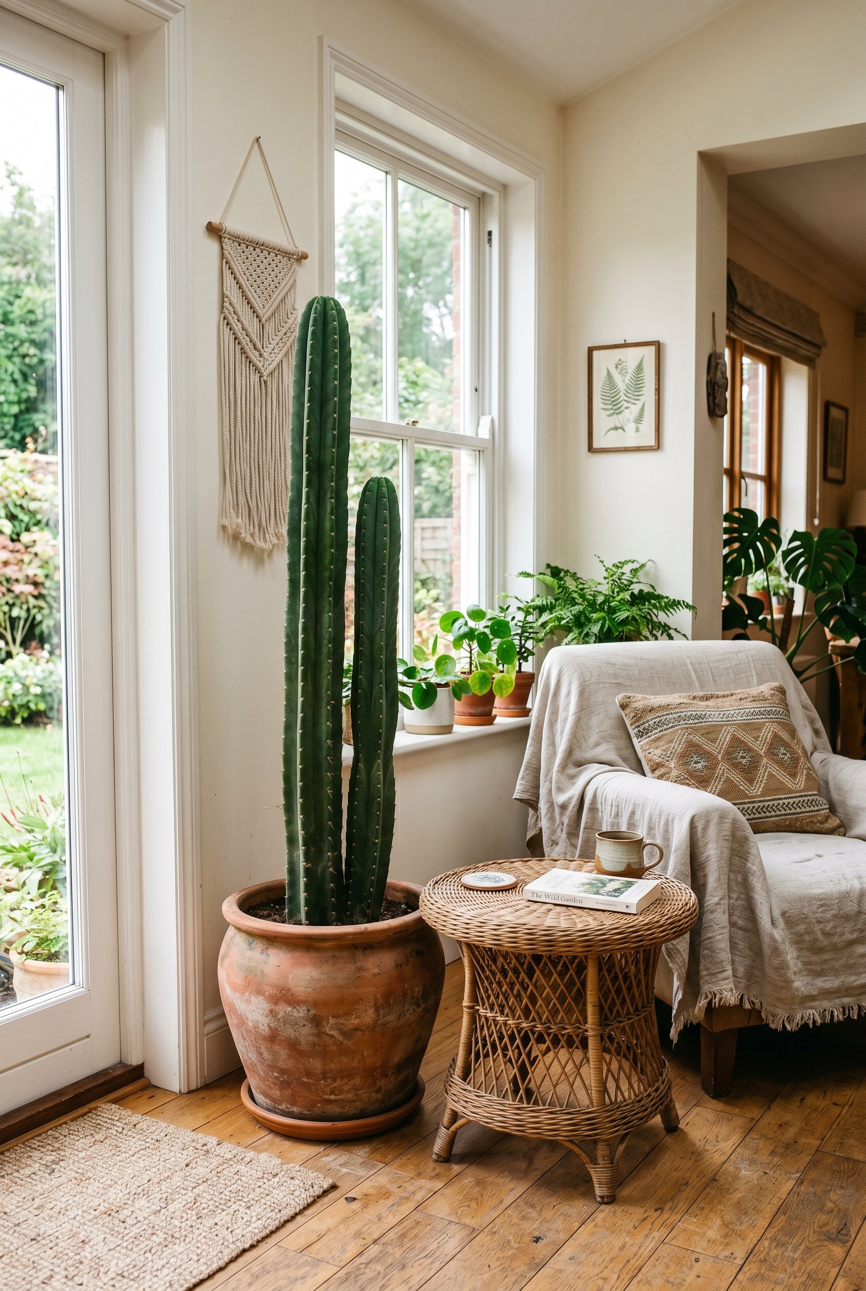 Photorealistic interior photo. Massive San Pedro cactus in a rustic clay pot standing next to a vintage wicker side table in a bright sunroom. Editorial photography style, no people visible.