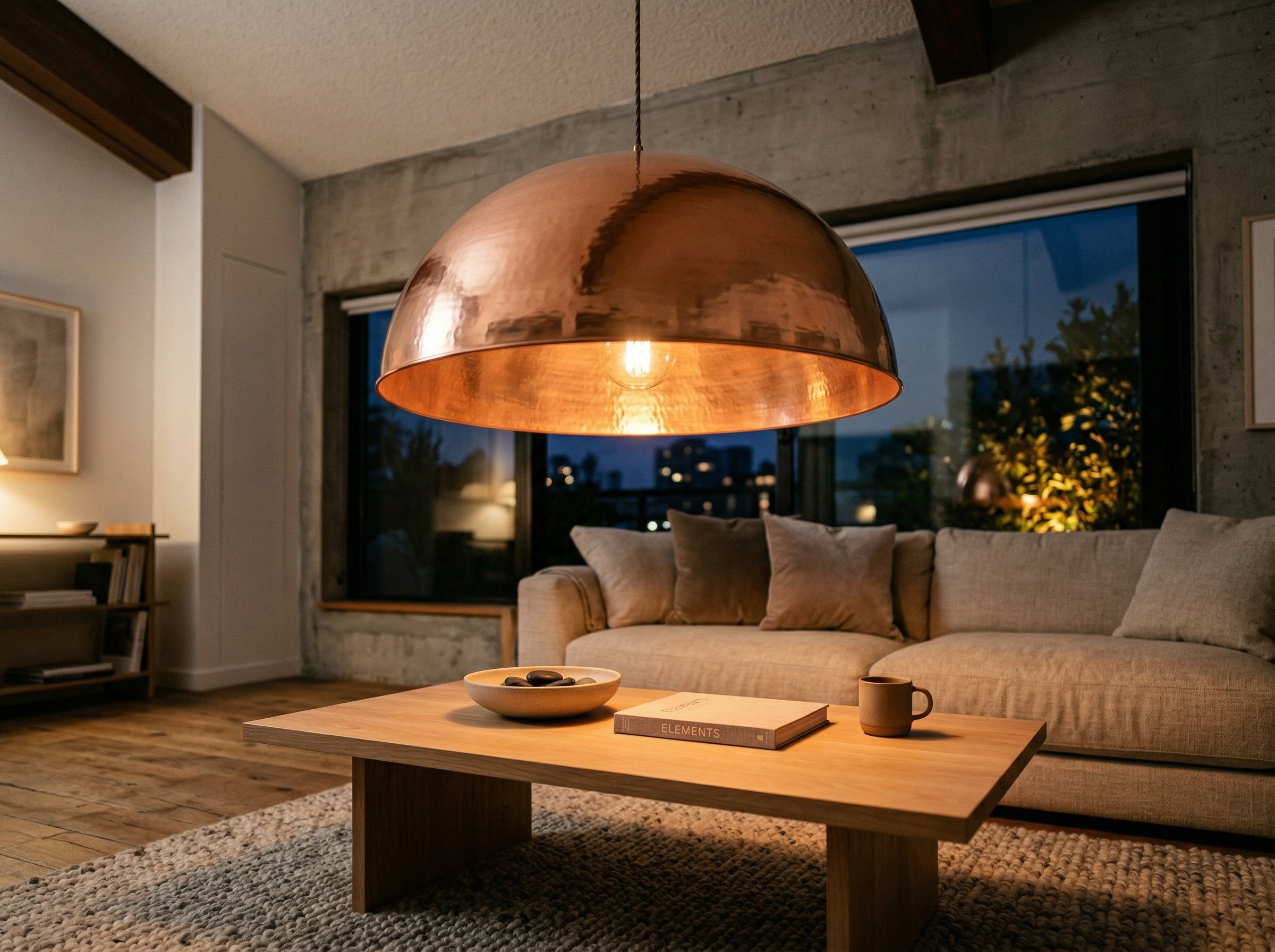 Photorealistic interior photo. Massive smooth copper dome pendant light hanging over a minimalist white oak coffee table, warm evening lighting, low angle shot. Editorial photography style, no people 