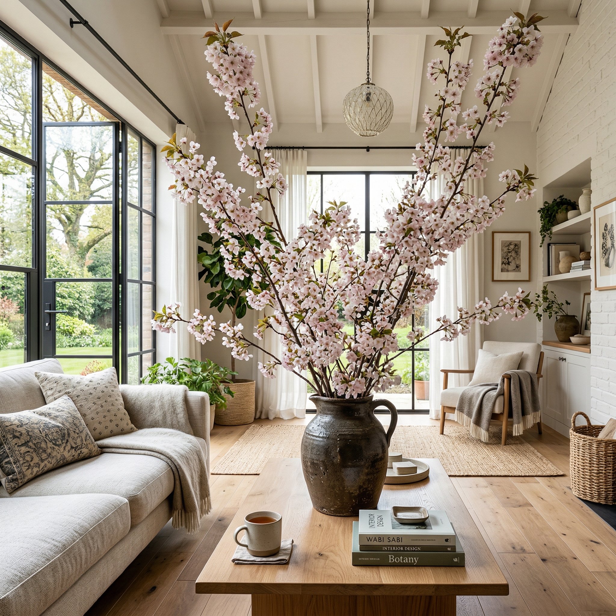 Photorealistic interior photo. Massive tall cherry blossom branches in a heavy rustic ceramic jug on a modern wood coffee table, bright airy living room. Editorial photography style, no people visible