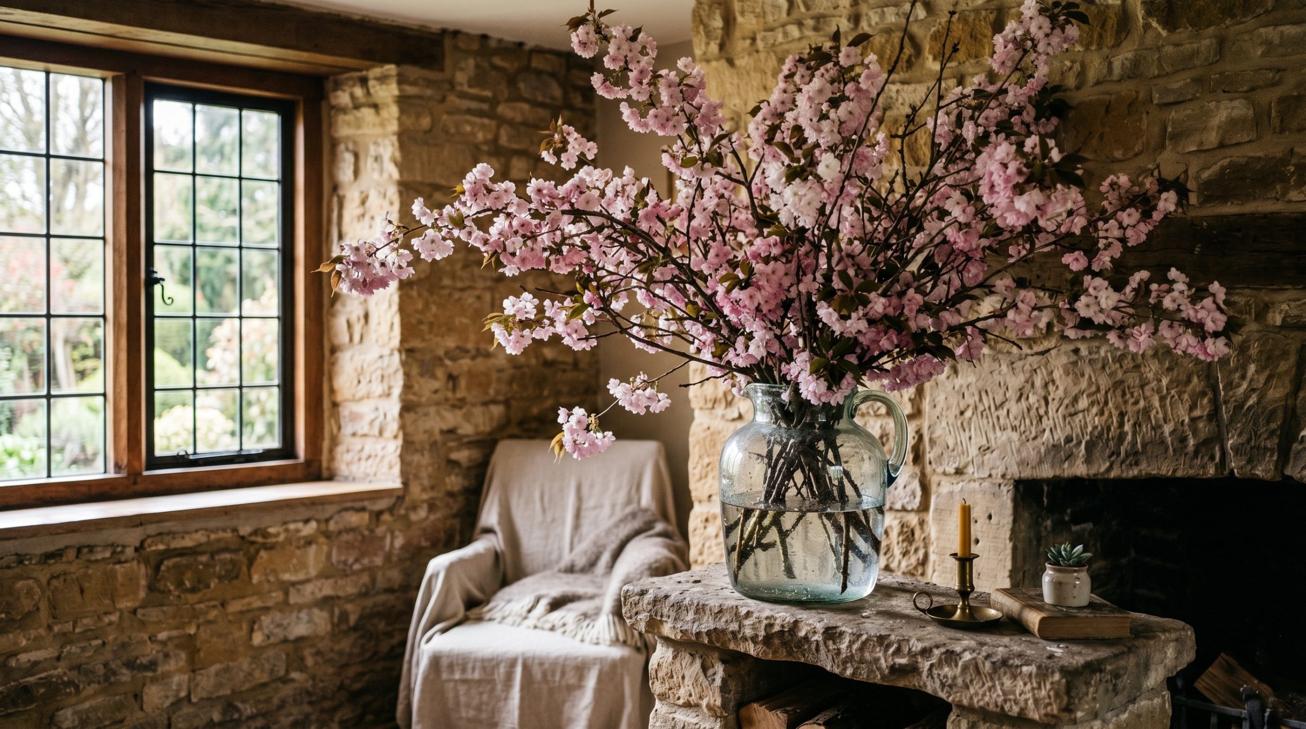 Photorealistic interior photo. Massive, unruly branches of blooming pink cherry blossoms jammed into a heavy glass jug, sitting on a rustic stone mantelpiece. Wild, architectural shape. Natural window