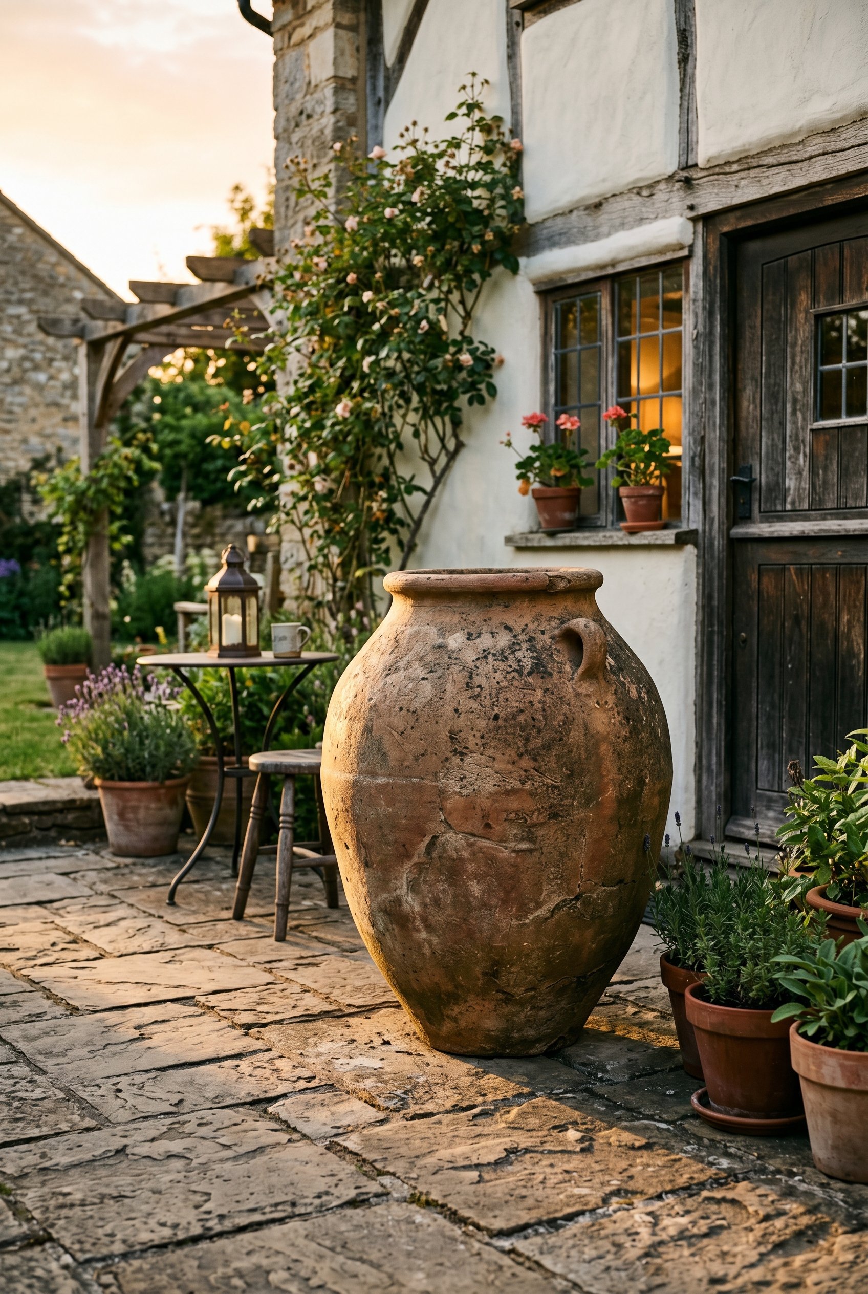 Photorealistic interior photo. Massive weathered vintage terracotta olive jar sitting on a stone patio, golden hour side lighting, low angle shot. Editorial photography style, no people visible.