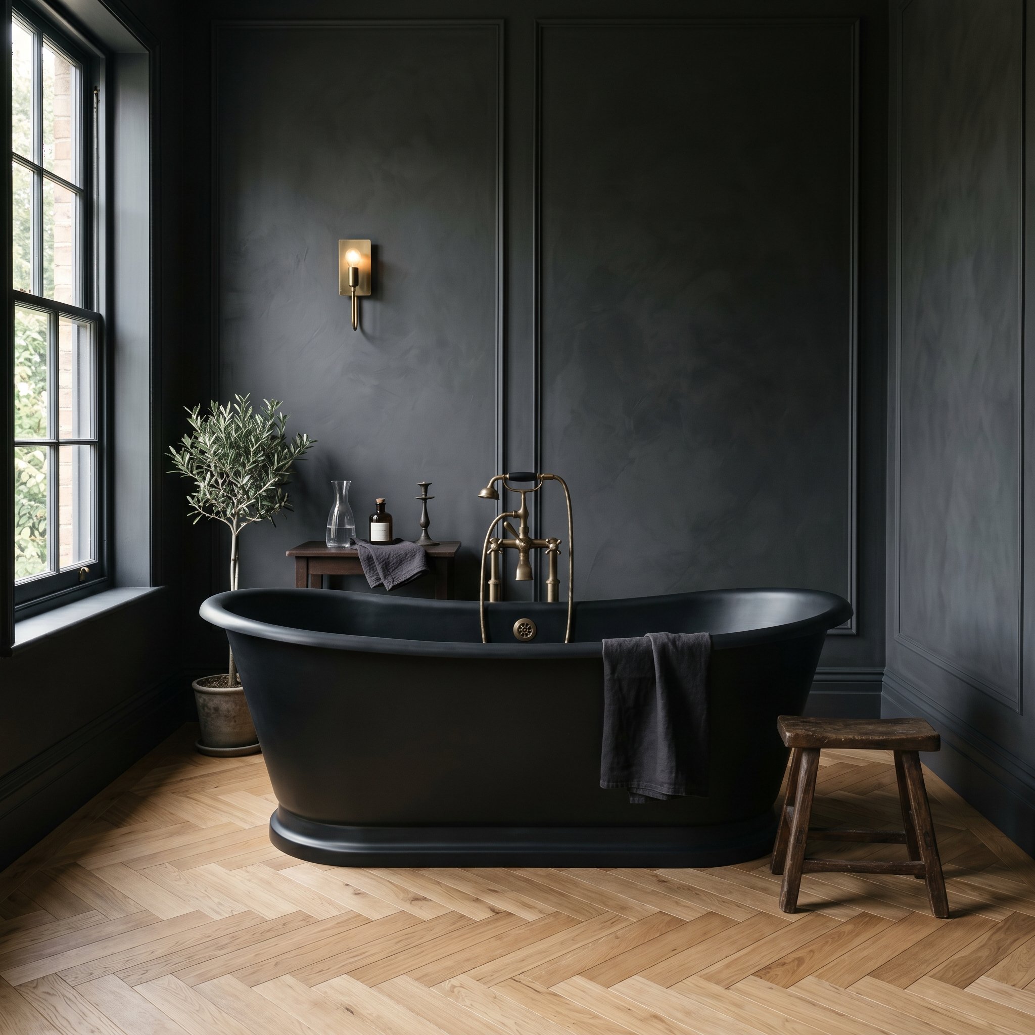 Photorealistic interior photo. Matte black cast iron freestanding bathtub sitting on a light oak herringbone floor, dramatic dark walls, soft window light, wide straight-on shot. Editorial photography