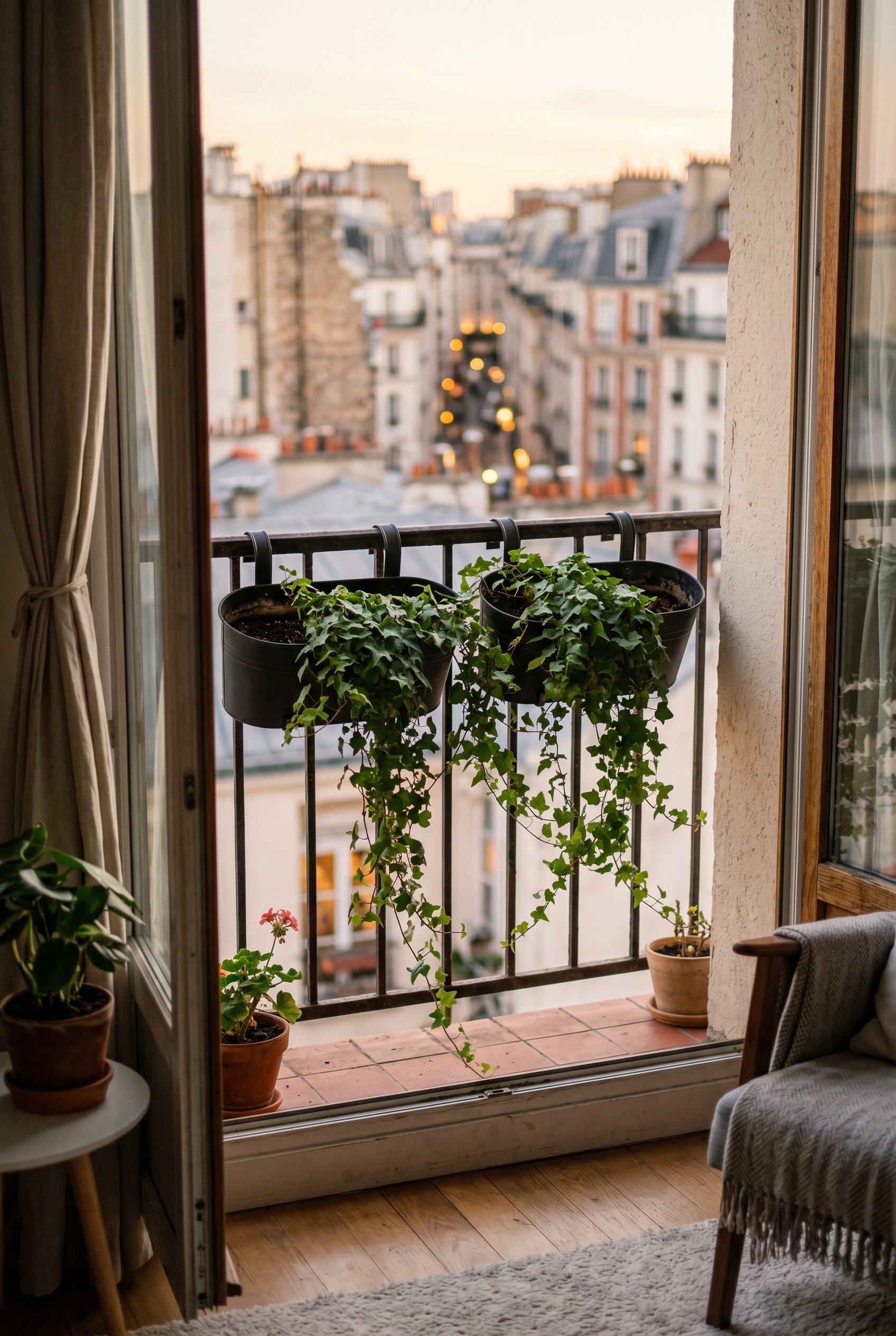 Photorealistic interior photo. Matte black metal saddle planters straddling an iron balcony railing, filled with trailing ivy, city skyline slightly blurred in the background, close-up angle. Editoria