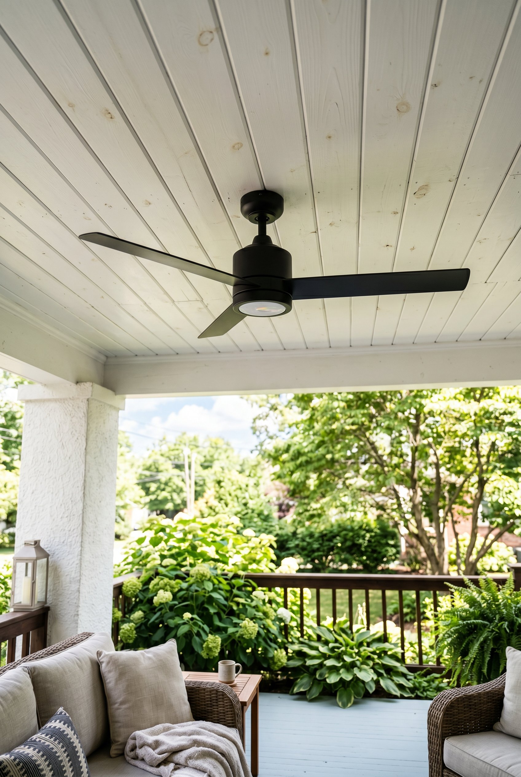 Photorealistic interior photo. Matte black outdoor ceiling fan mounted under a painted white tongue-and-groove porch ceiling, bright daytime lighting, looking up angle. Editorial photography style, no