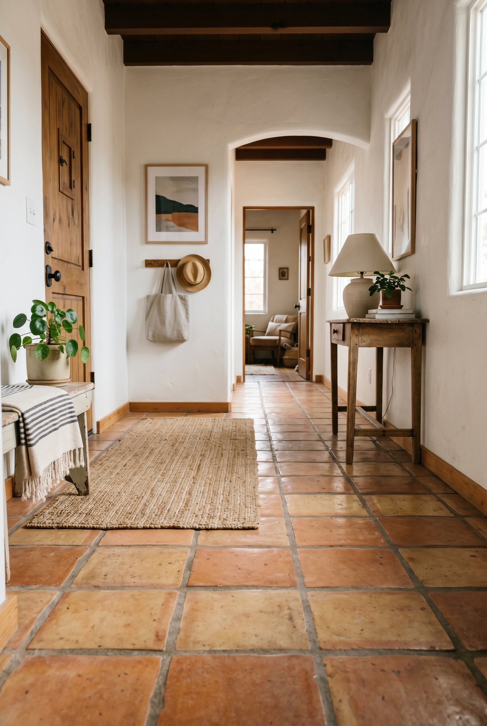 Photorealistic interior photo. Matte sealed authentic Saltillo terracotta floor tiles in a hallway, white plaster walls. Low angle floor perspective, natural daylight. Editorial photography style, no 