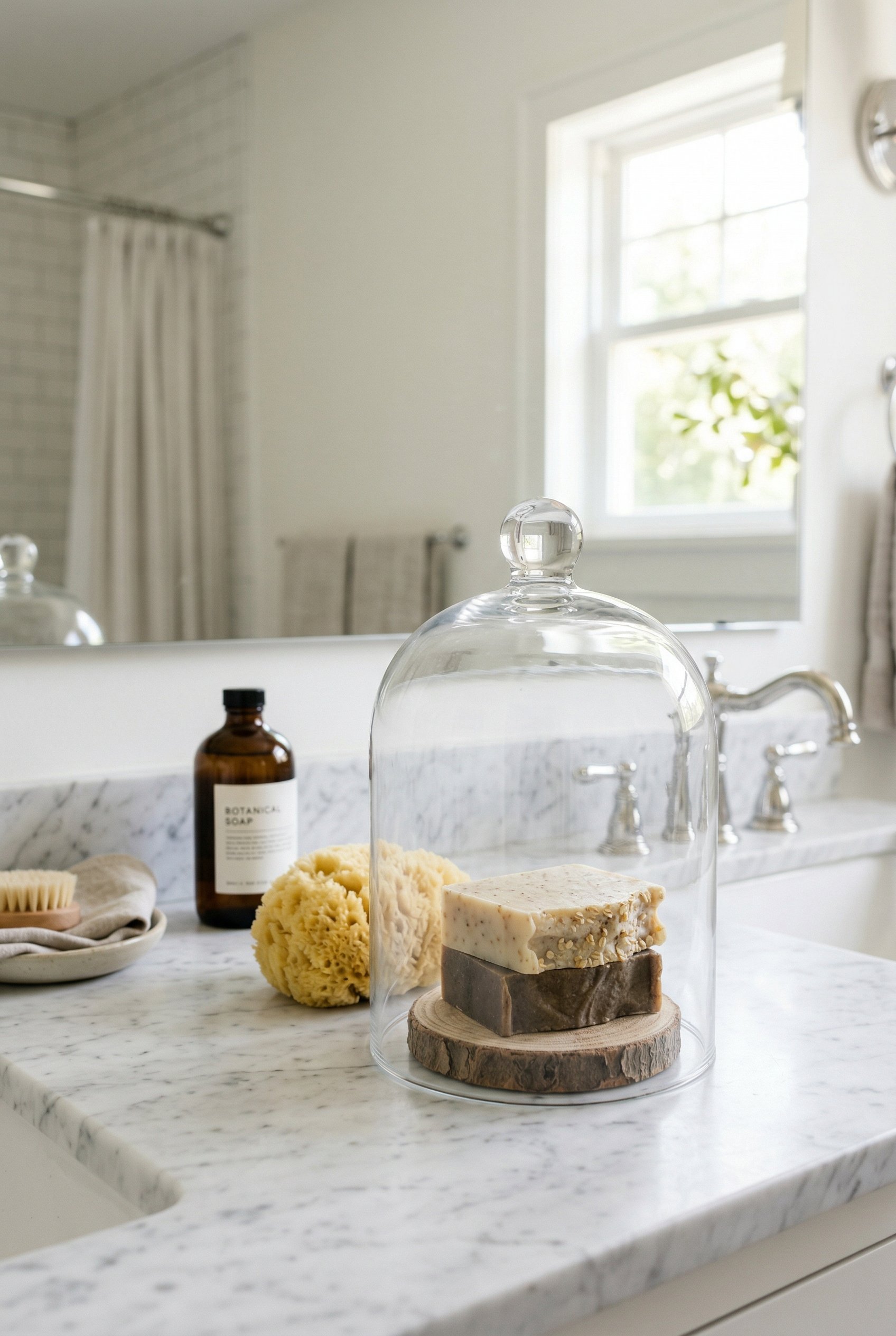 Photorealistic interior photo. Medium glass cloche on a marble bathroom vanity displaying stacked thick artisan soaps and a natural sea sponge, bright clean bathroom lighting, eye-level camera angle. 