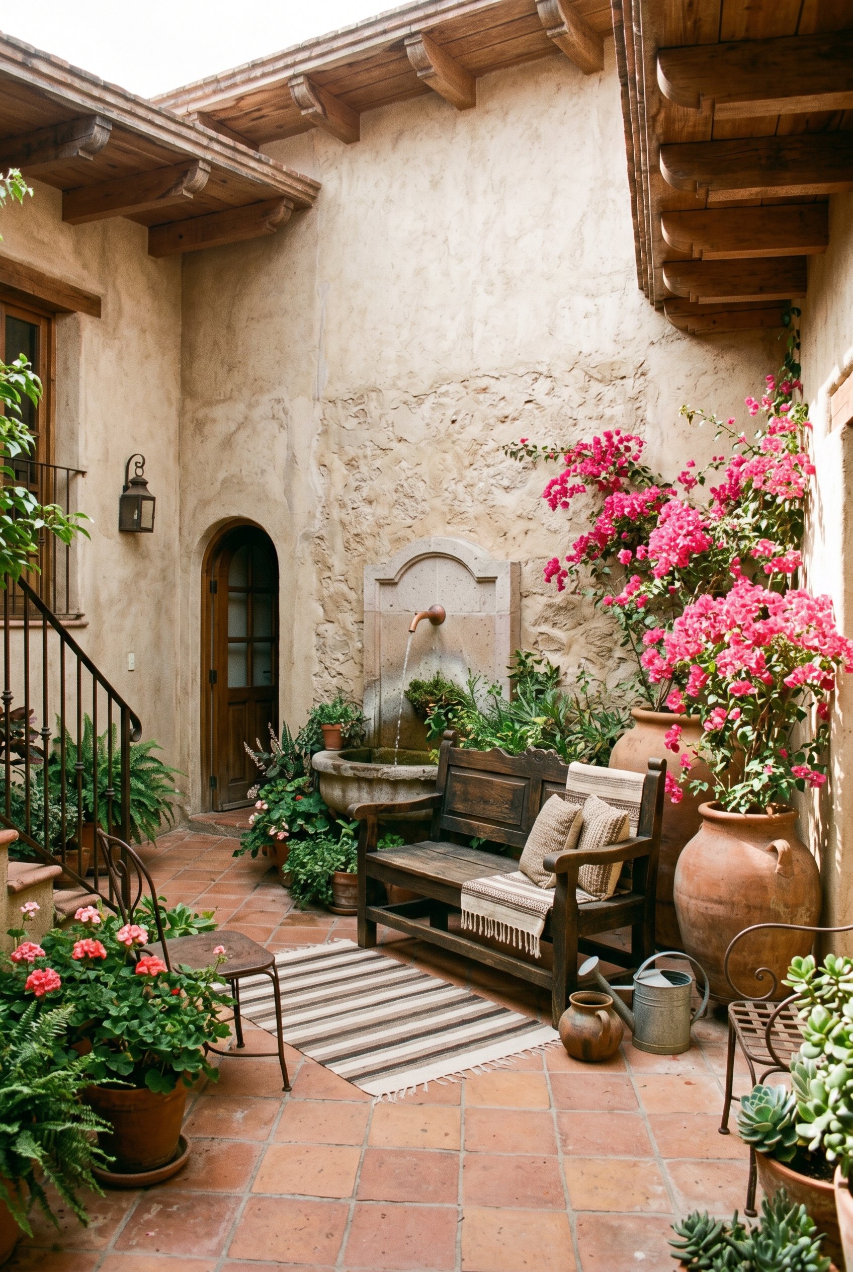 Photorealistic interior photo. Mexican hacienda courtyard patio, heavy wooden bench, large terracotta pots with bright pink bougainvillea, trickling stone wall fountain. Wide courtyard shot, bright su