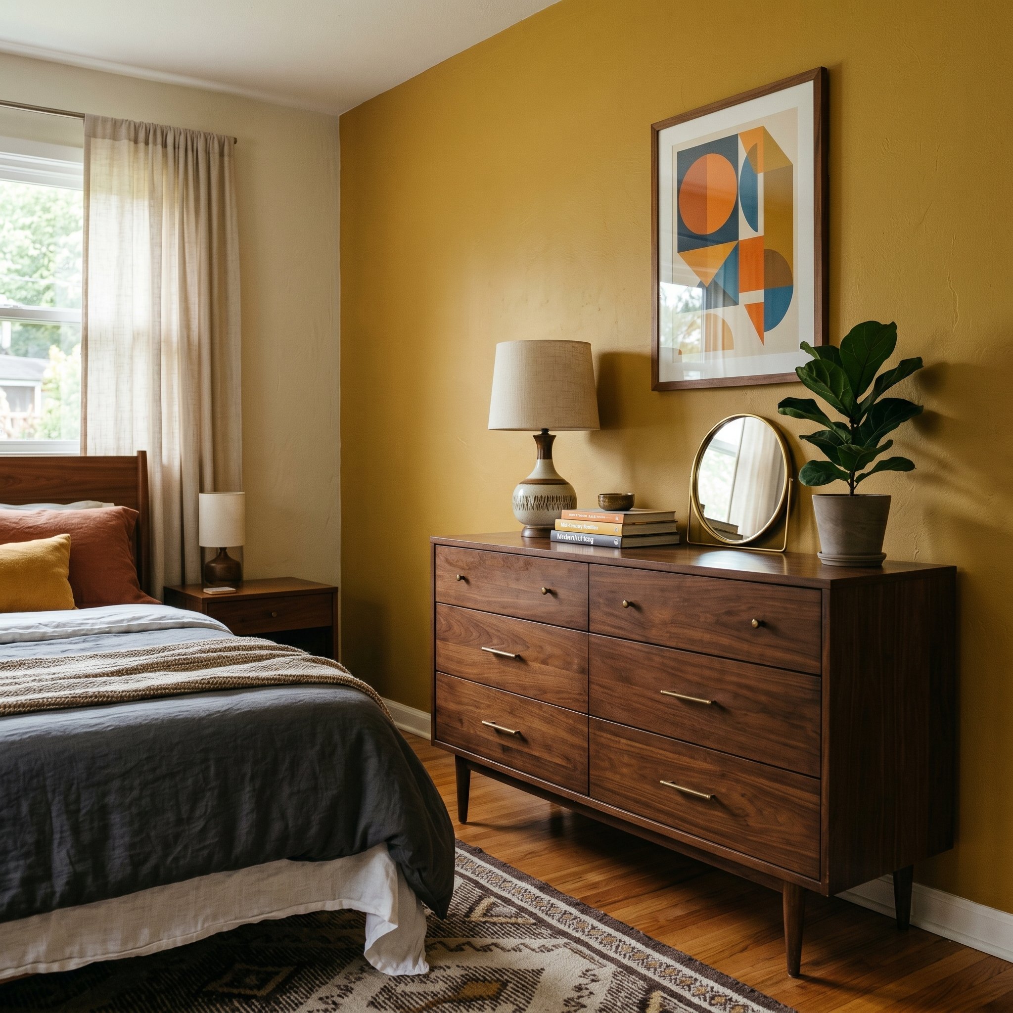 Photorealistic interior photo. Mid-century modern bedroom featuring a dark walnut wood dresser sitting against a muted mustard yellow wall. Editorial photography style, angled shot, no people visible.