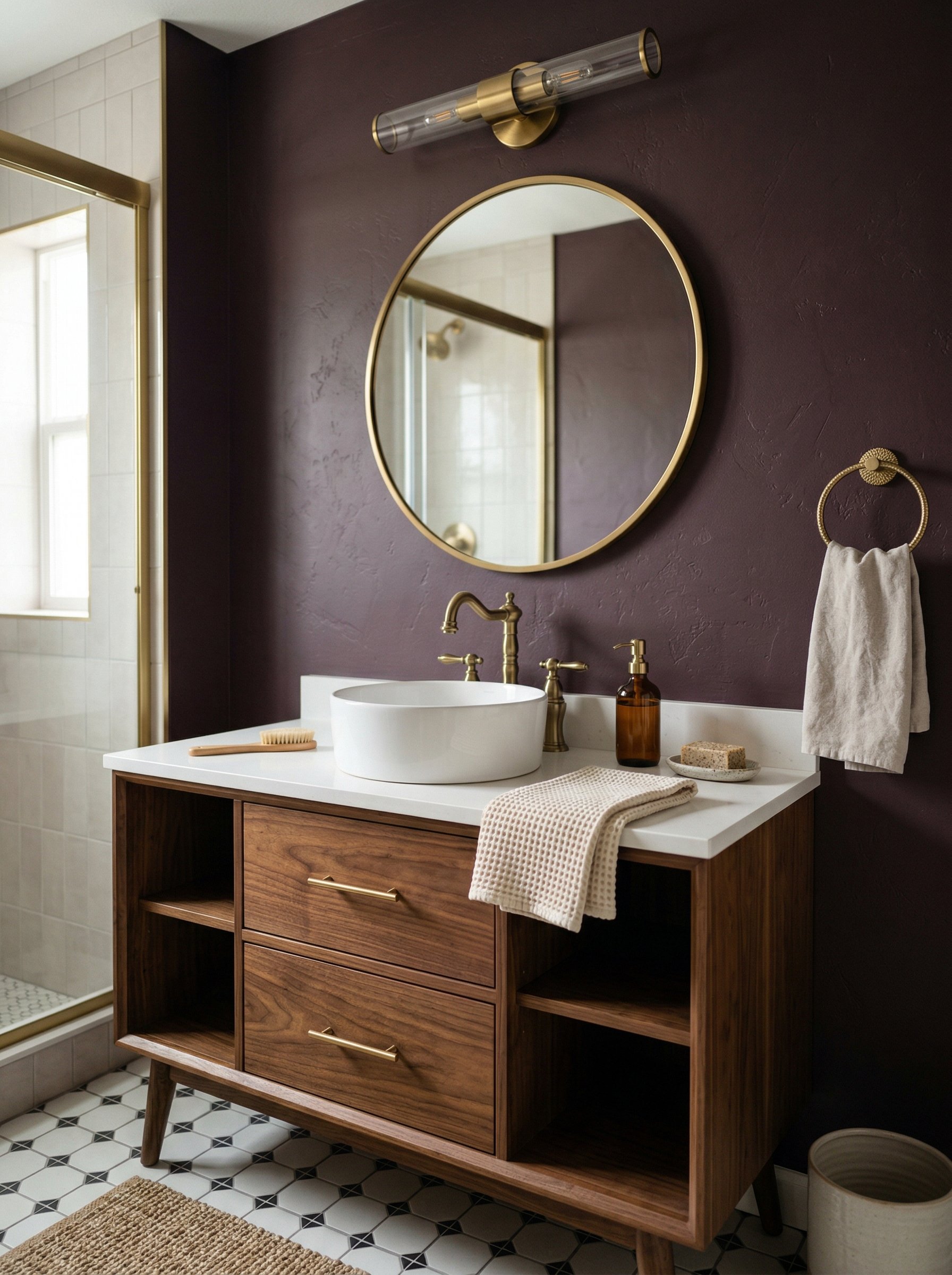 Photorealistic interior photo. Mid-century modern rich walnut wood vanity against a dark plum painted wall. White ceramic sink, brass hardware. Editorial photography style, no people visible.