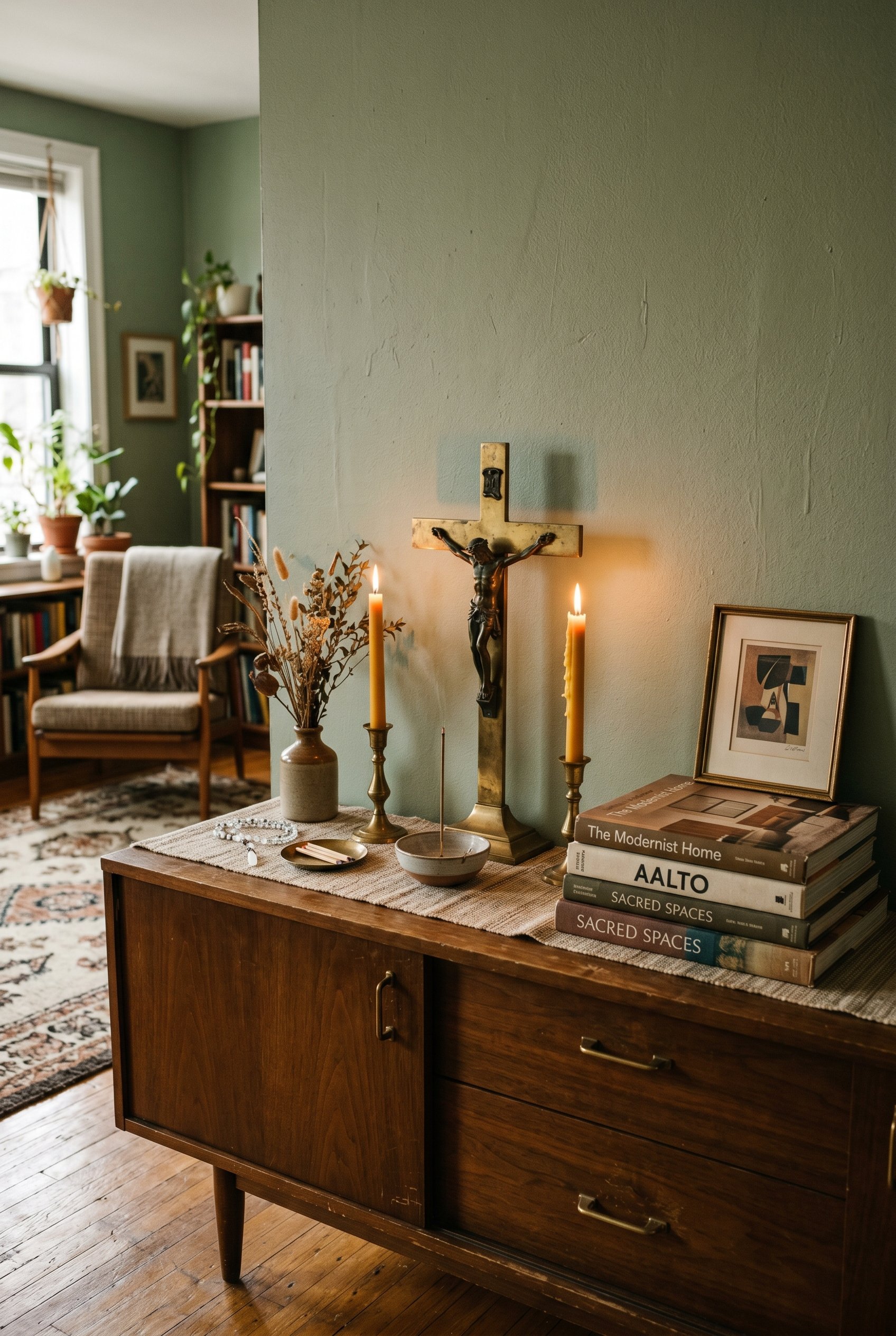 Photorealistic interior photo. Mid-Century Modern walnut credenza styled as a home altar. A brass crucifix, heavy design books, and lit taper candles. Moody lighting, editorial photography style, no p