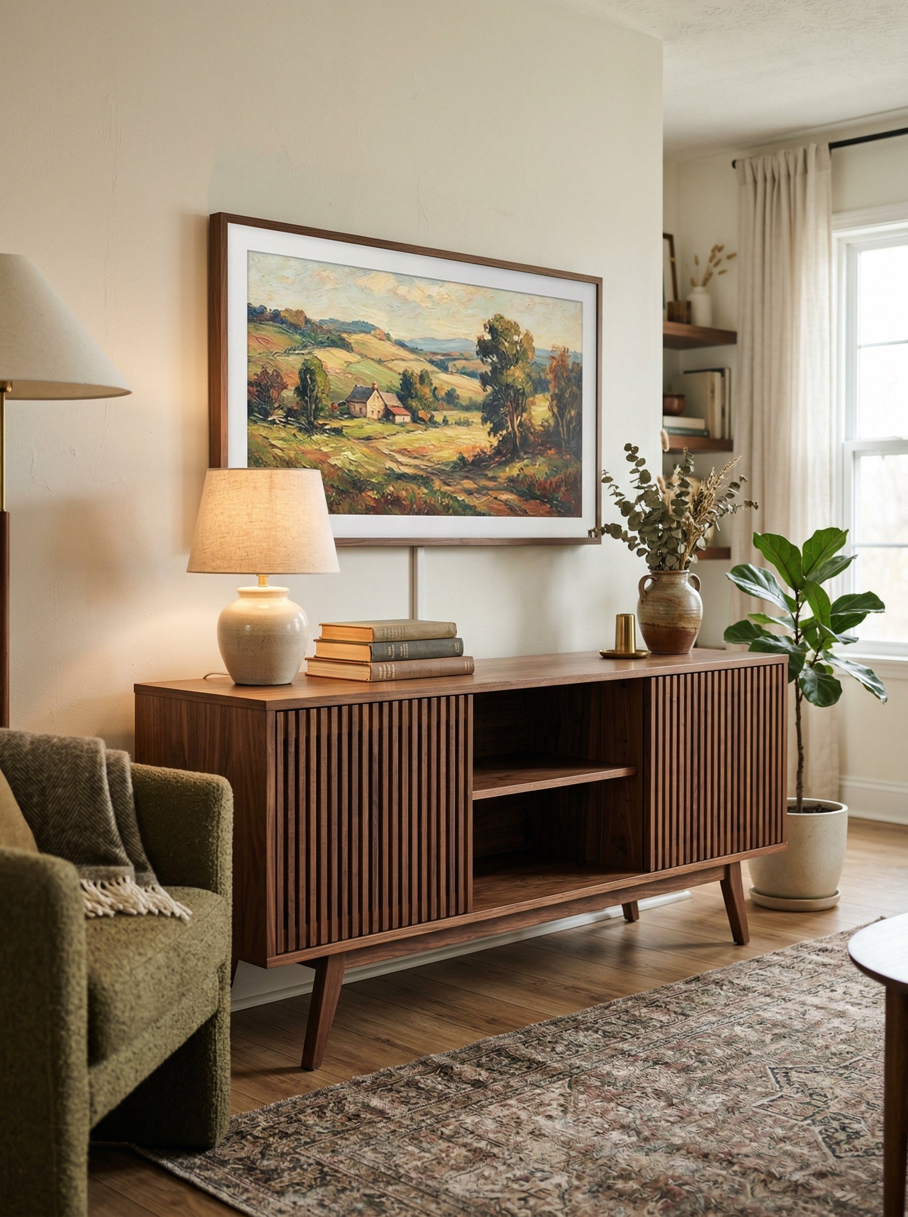 Photorealistic interior photo. Mid-century modern walnut credenza with slatted doors, a framed digital art TV above it displaying a vintage oil painting, cozy lighting, slight angled perspective. Edit