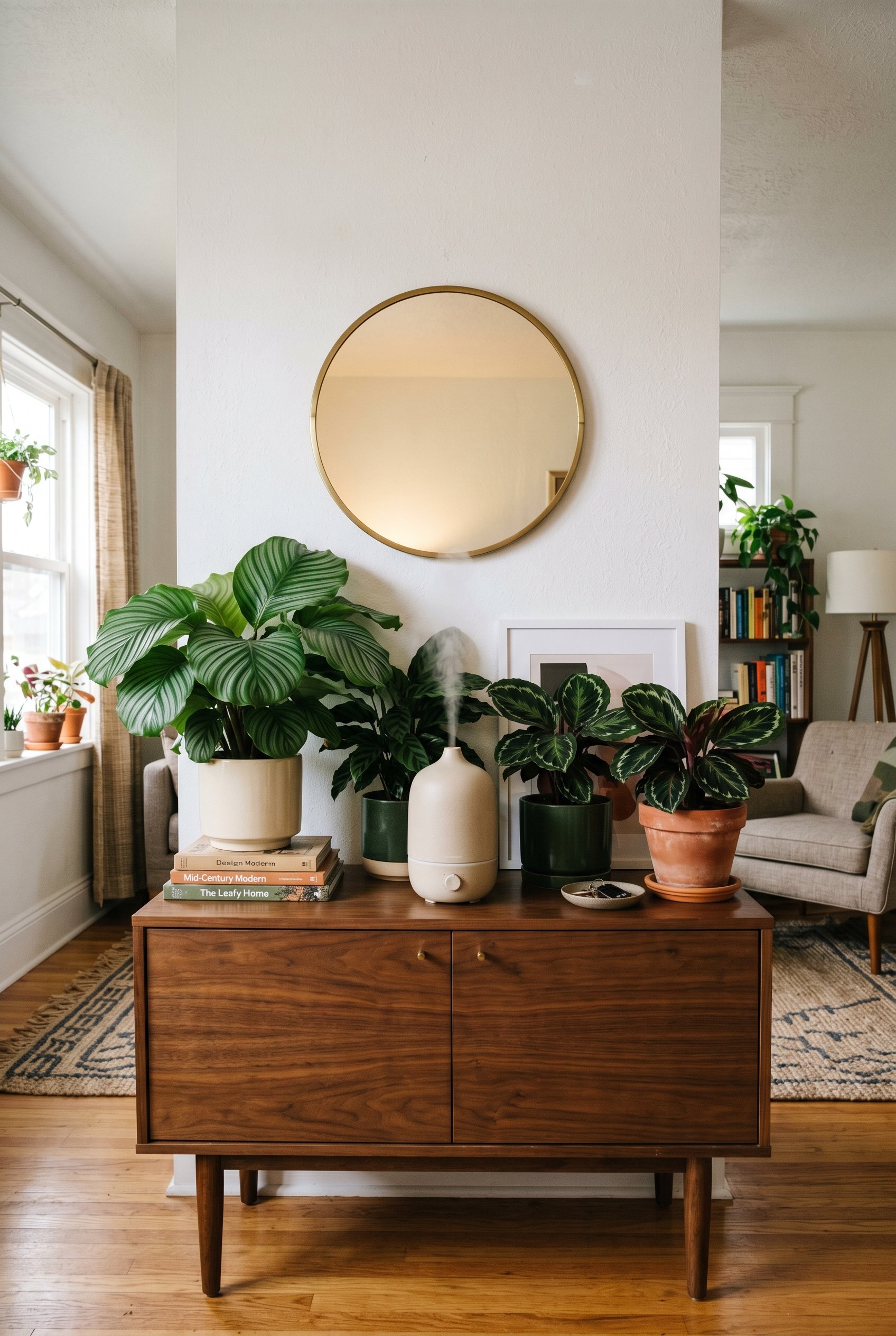 Photorealistic interior photo. Mid-century modern walnut sideboard against a white wall. A matte ceramic humidifier sits in the center, emitting a soft mist. Surrounded by lush, dark green Calathea pl