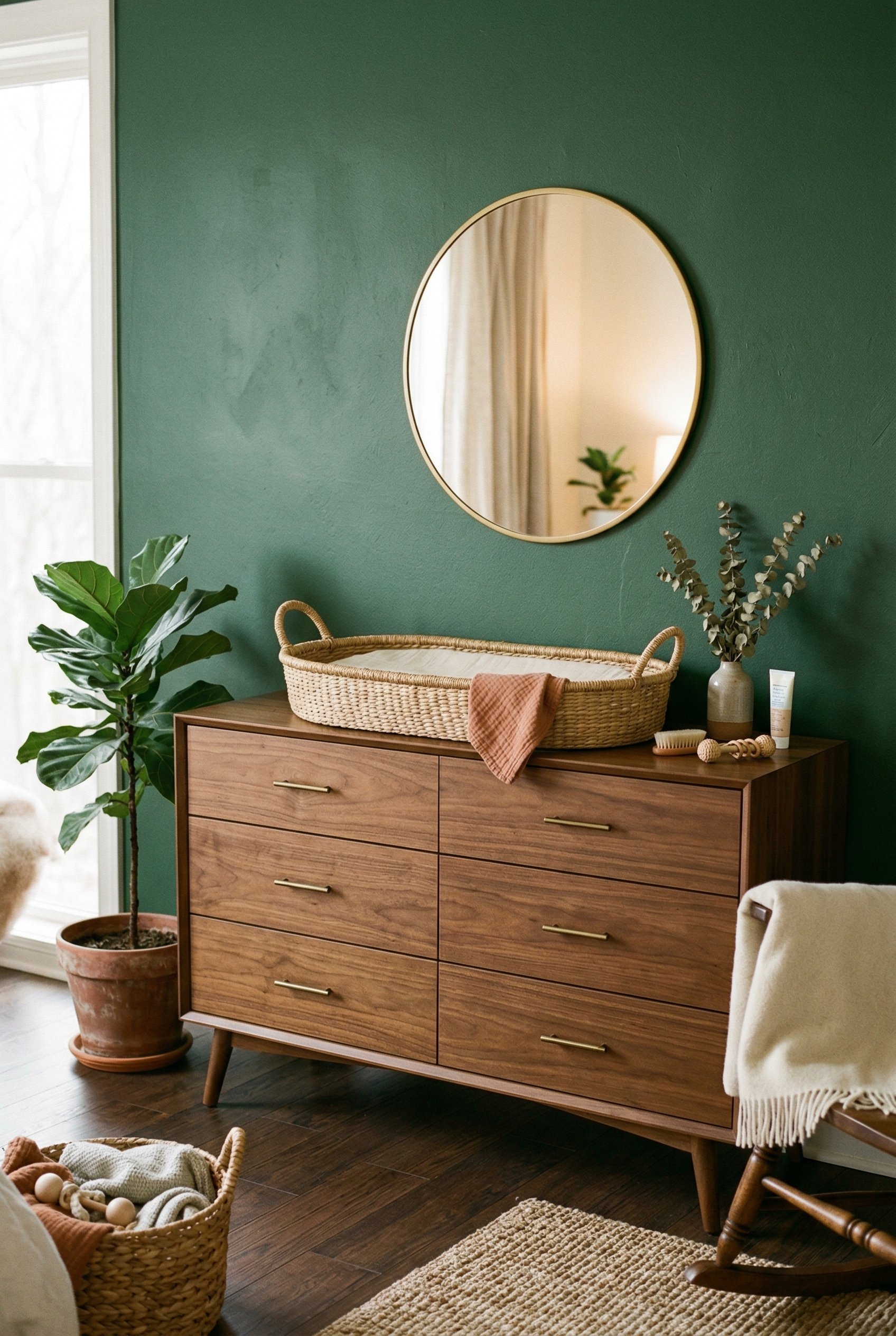 Photorealistic interior photo. Mid-century walnut dresser against a forest green wall, topped with a woven rattan changing basket, soft natural lighting. Editorial photography style, no people visible