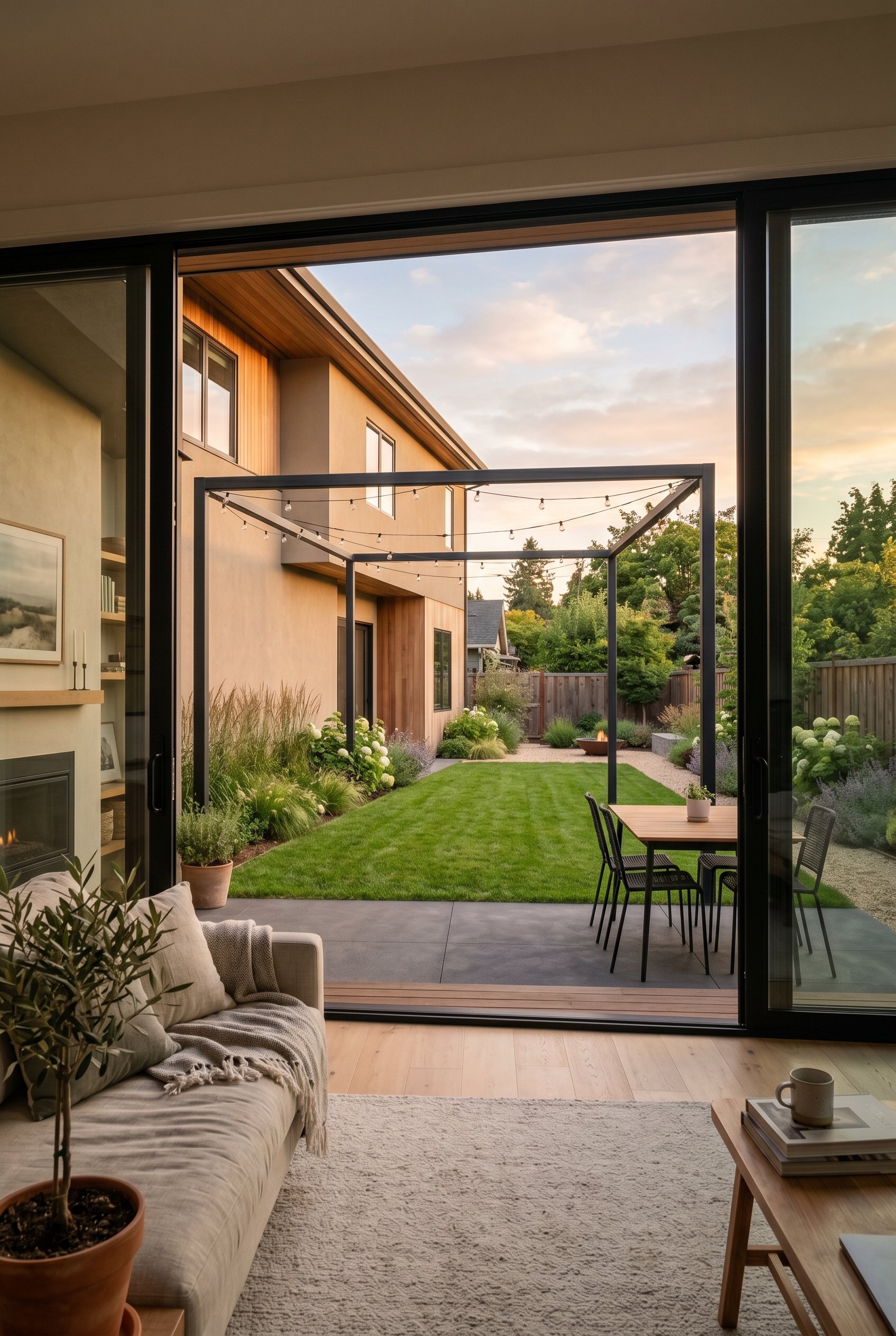 Photorealistic interior photo. Minimalist backyard, thin matte black steel pergola structure attached to modern house, manicured lawn, golden hour lighting, wide camera angle. Editorial photography st
