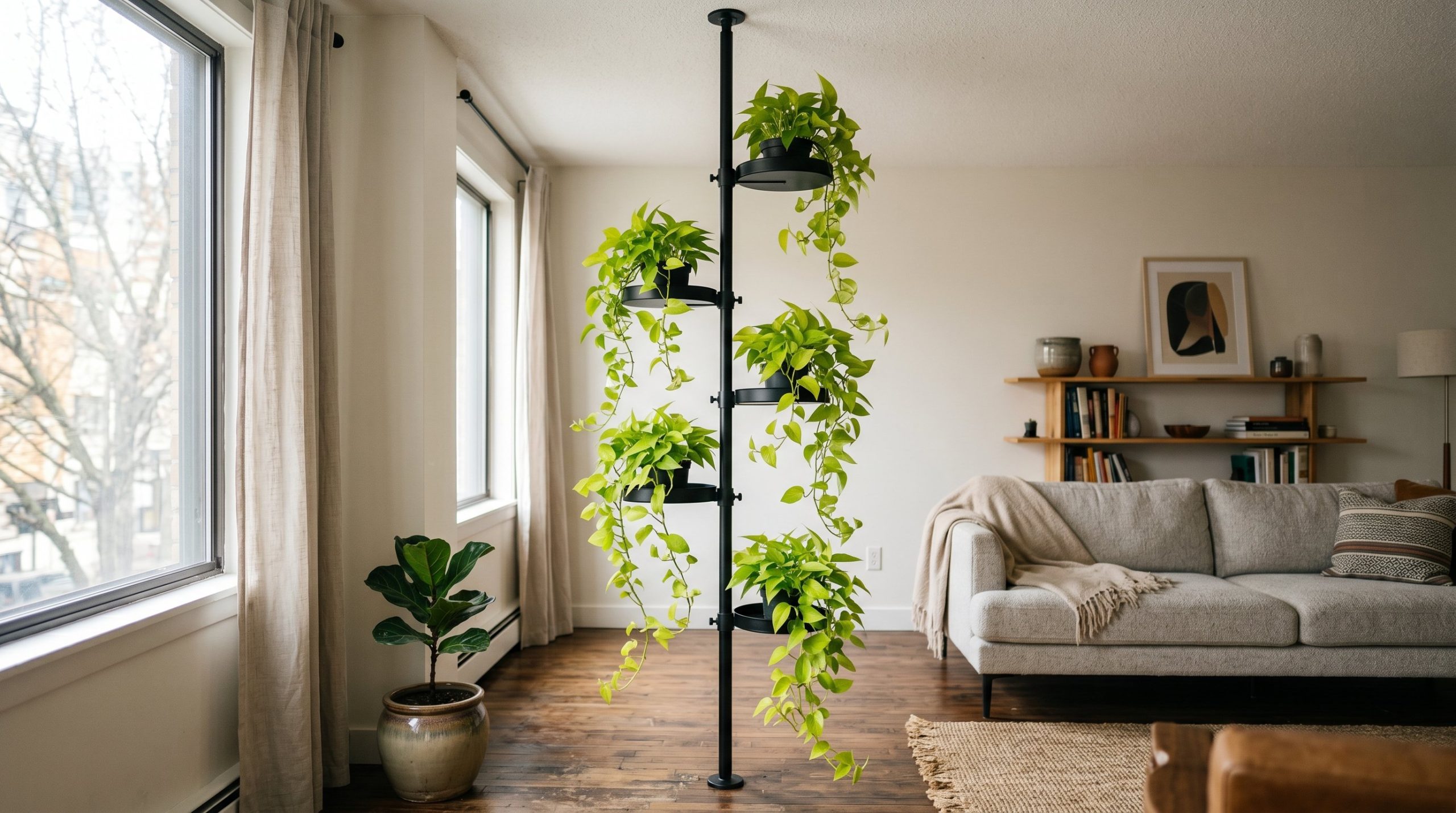 Photorealistic interior photo. Minimalist black metal tension pole running from floor to ceiling. Small floating circular trays are attached at varying heights, holding trailing Neon Pothos plants. Ed