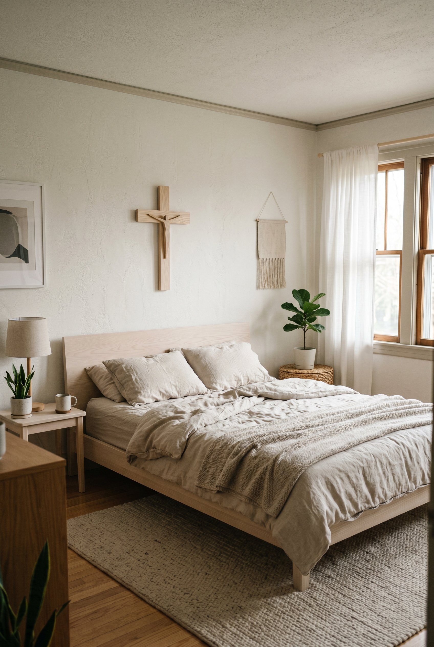 Photorealistic interior photo. Minimalist Japandi bedroom. A simple, modern pale ash wood crucifix hung above a low-profile linen bed. Neutral tones, soft sunlight casting gentle shadows. Editorial ph