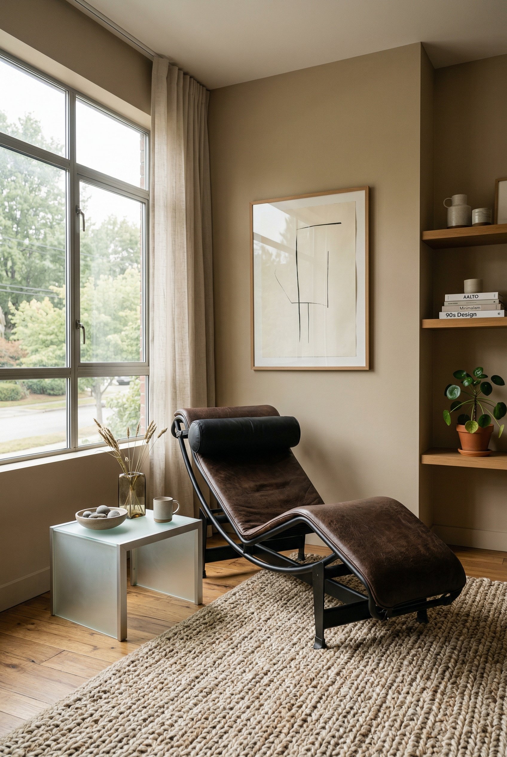 Photorealistic interior photo. Minimalist late-90s style living corner, walls painted warm taupe beige, streamlined lounge chair, highly textural woven rug, soft diffused lighting, wide angle. Editori