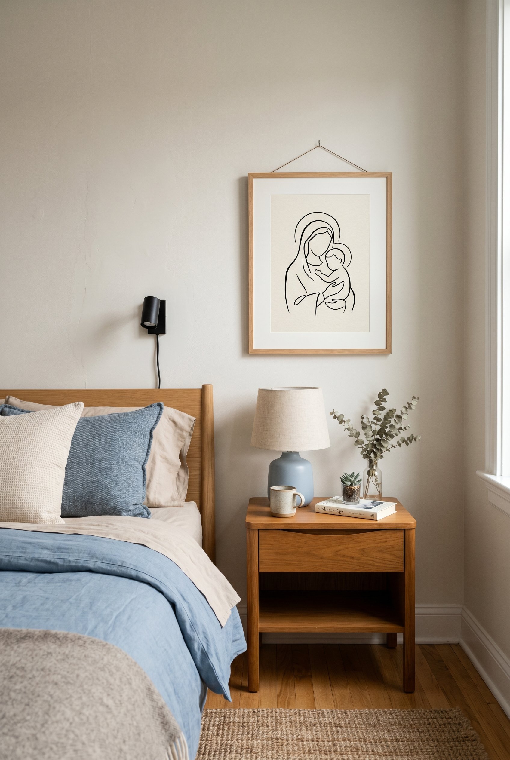 Photorealistic interior photo. Minimalist line art print of the Madonna and Child in a thin oak frame hanging above a modern wood nightstand. Soft blue and beige tones. Calming natural light, editoria