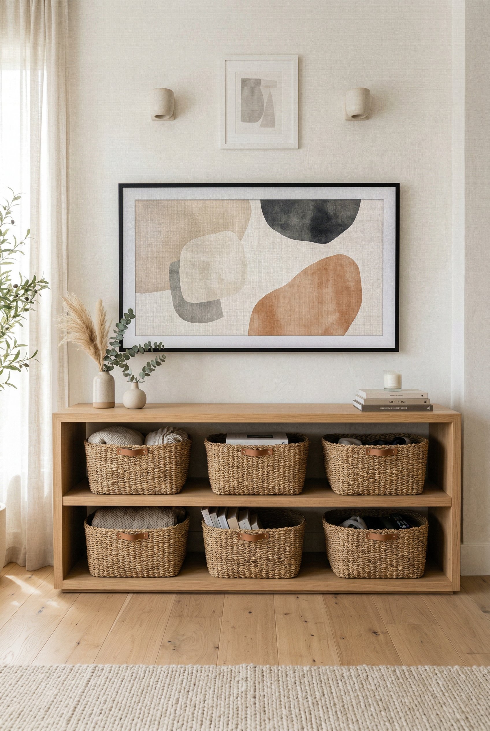 Photorealistic interior photo. Minimalist media console with woven seagrass baskets on the shelves, TV displaying muted abstract art above, soft natural lighting, straight-on angle. Editorial photogra