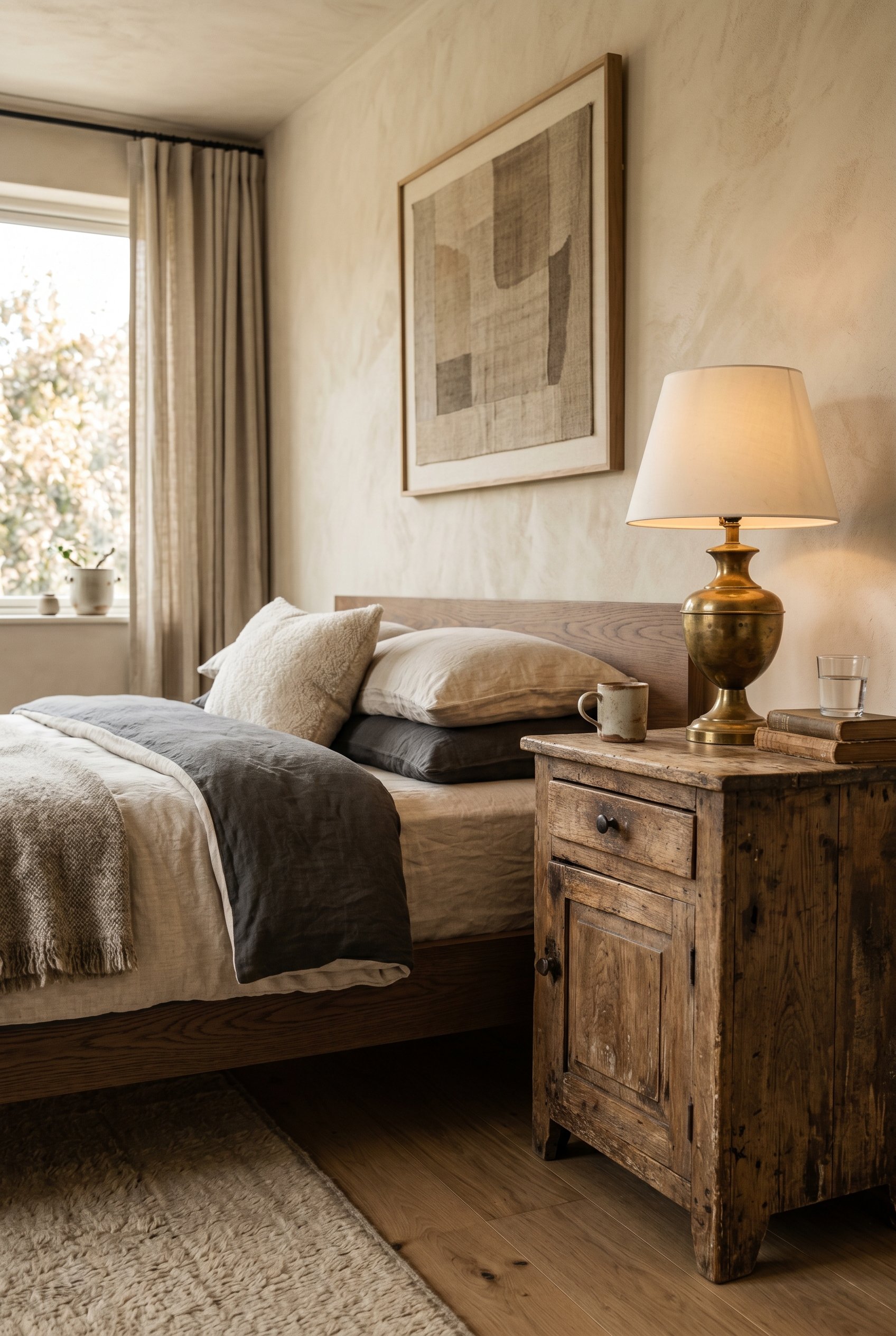 Photorealistic interior photo. Minimalist modern low-profile bed next to a heavily distressed antique oak nightstand, vintage brass lamp, medium shot. Editorial photography style, no people visible.