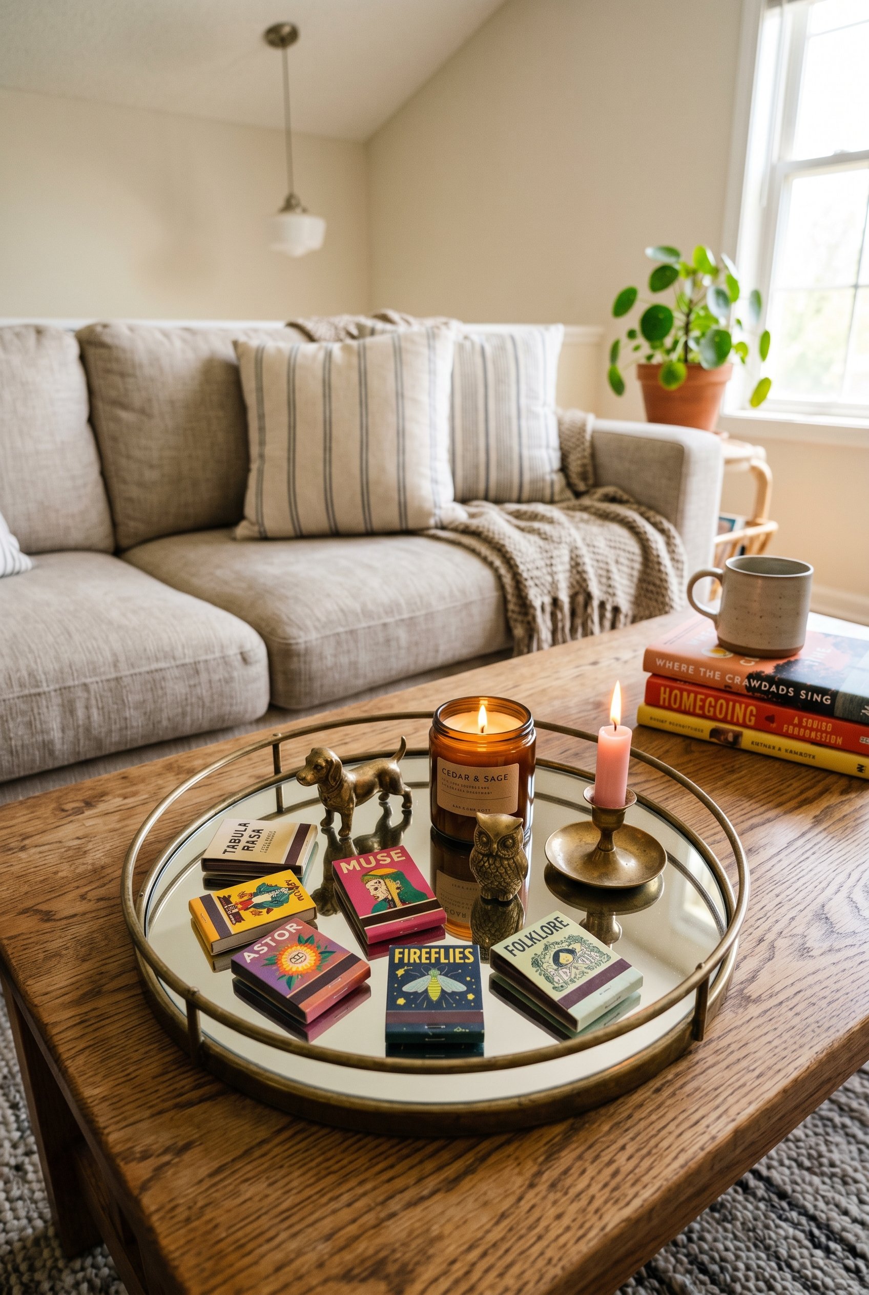 Photorealistic interior photo. Mirrored decorative tray resting on a coffee table, holding a curated collection of colorful matchbooks, small brass figures, and candles. Overhead close-up angle, brigh