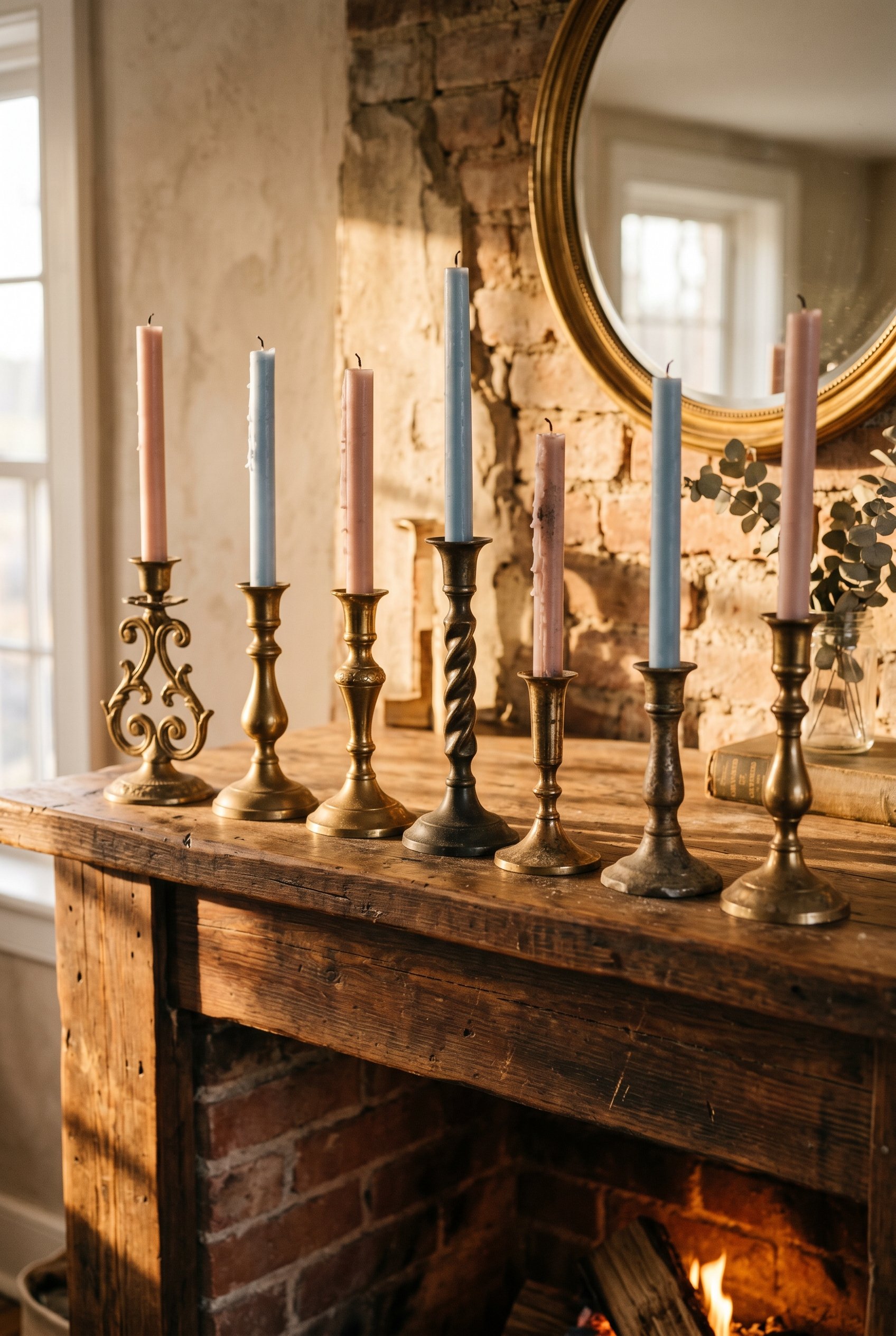 Photorealistic interior photo. Mismatched antique brass candlesticks holding dusty blush and light blue matte taper candles on a natural wood mantelpiece. Golden hour lighting casting long shadows. Ed
