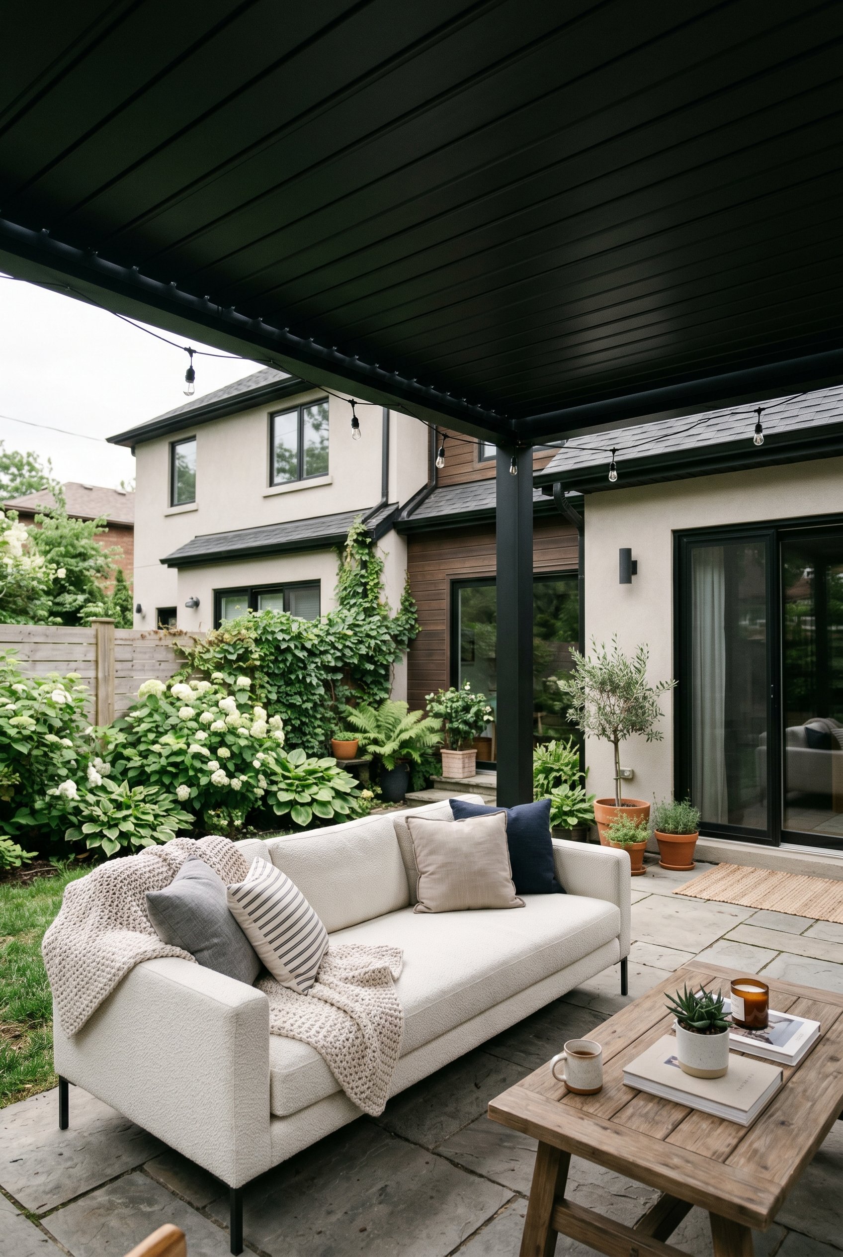 Photorealistic interior photo. Modern backyard patio, black aluminum motorized louvered pergola with roof closed, sleek outdoor sofa from CB2, overcast lighting, low camera angle. Editorial photograph
