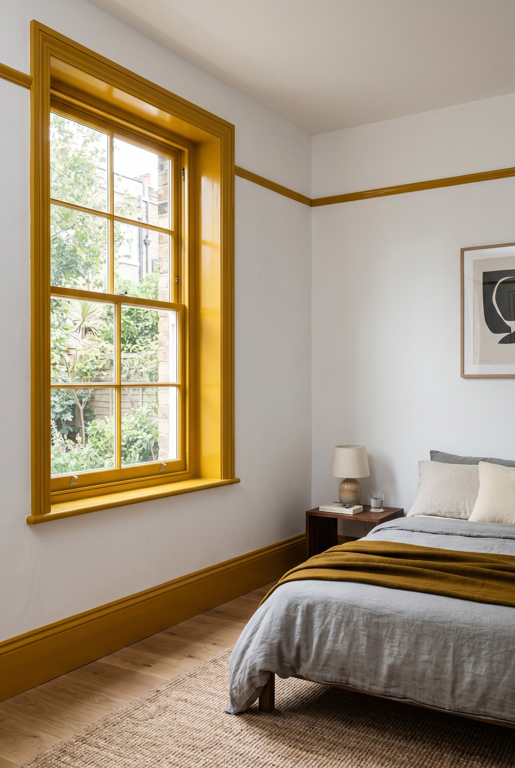 Photorealistic interior photo. Modern bedroom corner showing matte white walls with high-gloss mustard yellow painted baseboards and window trim. Editorial photography style, architectural detail shot