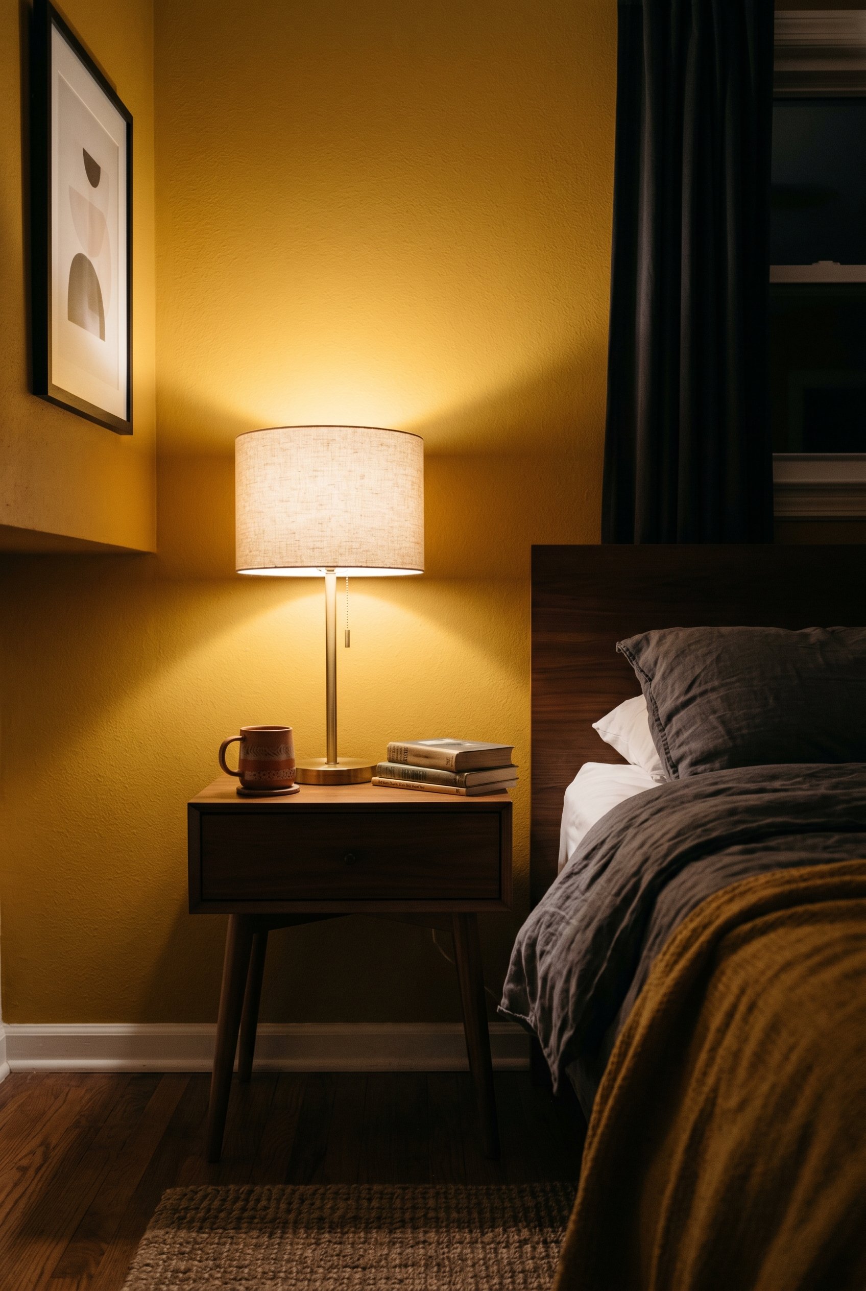 Photorealistic interior photo. Modern bedroom nightstand with a glowing warm 2700K table lamp, illuminating a section of a matte mustard yellow wall. Editorial photography style, intimate lighting, no