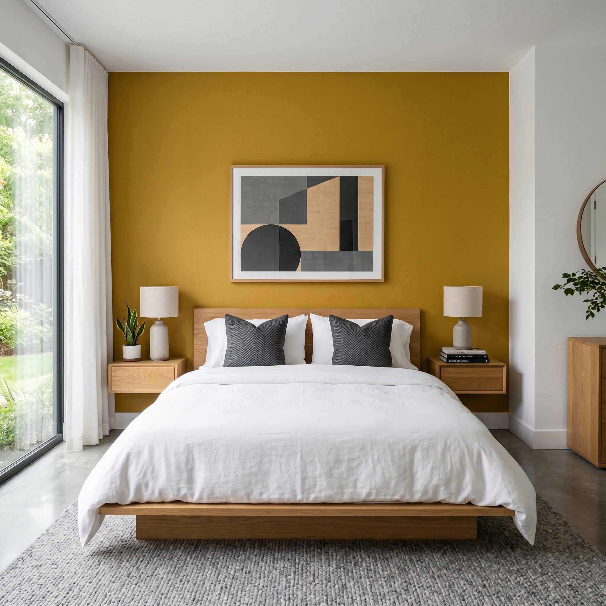 Photorealistic interior photo. Modern bedroom with a solid mustard yellow accent wall directly behind a low-profile platform bed. The remaining walls are crisp white. Editorial photography style, stra