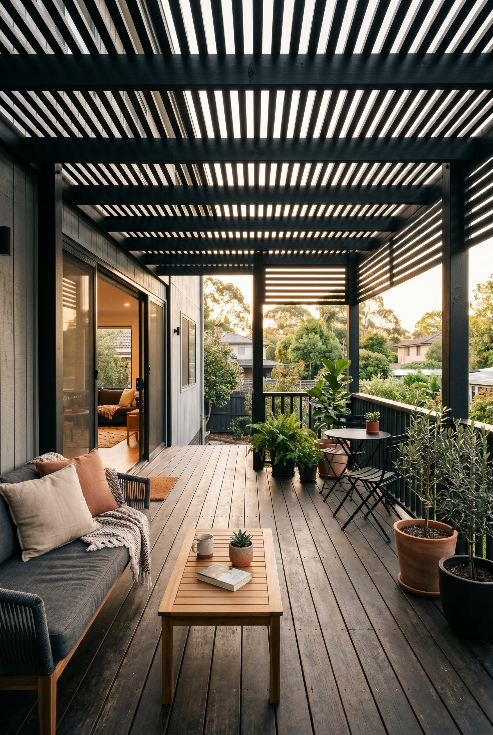 Photorealistic interior photo. Modern black slatted wood pergola, dark wood decking, warm afternoon sunlight, wide angle. Editorial photography style, no people visible.