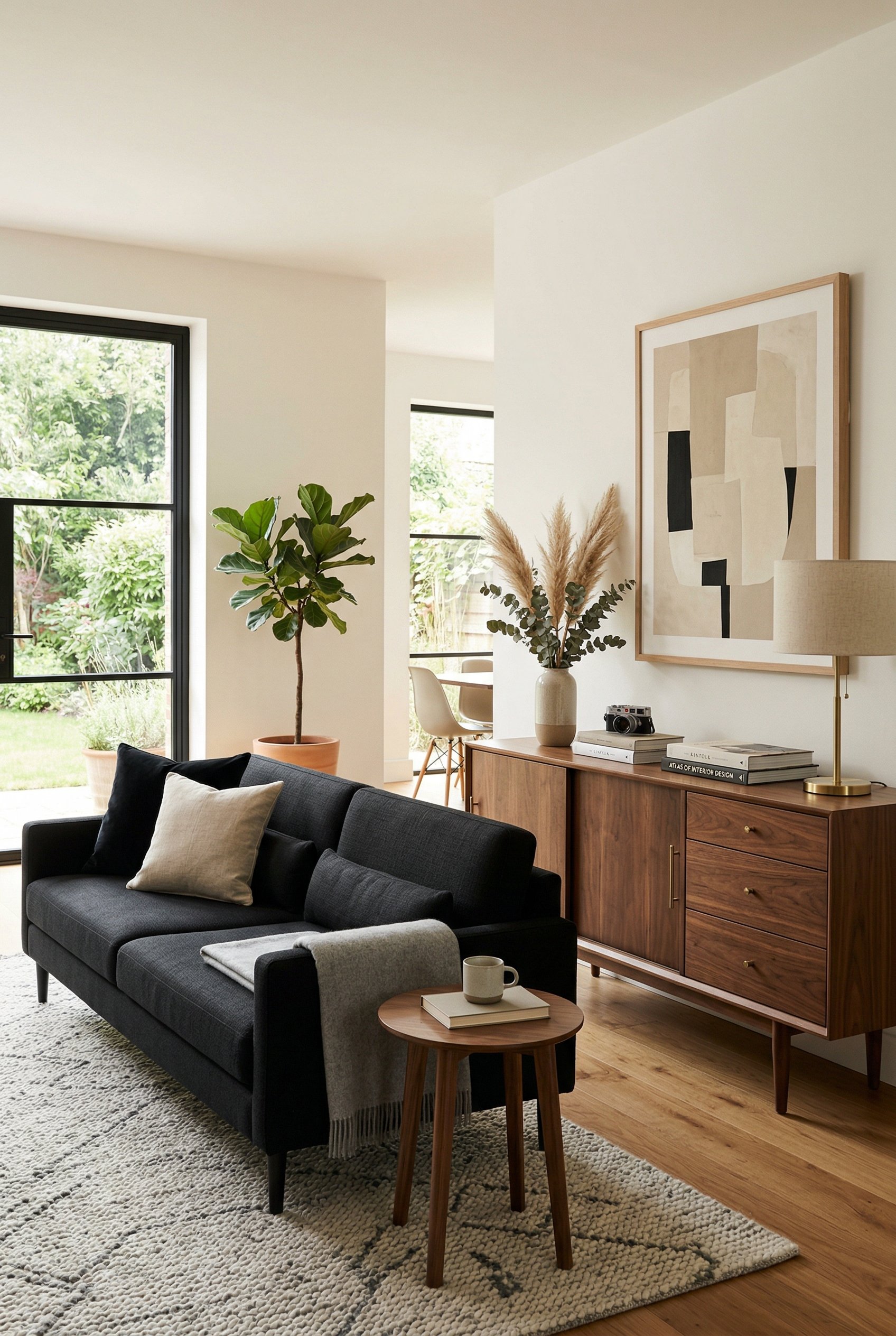 Photorealistic interior photo. Modern black sofa next to a mid-century walnut wood credenza, warm white walls, natural daylight, eye-level camera angle. Editorial photography style, no people visible.