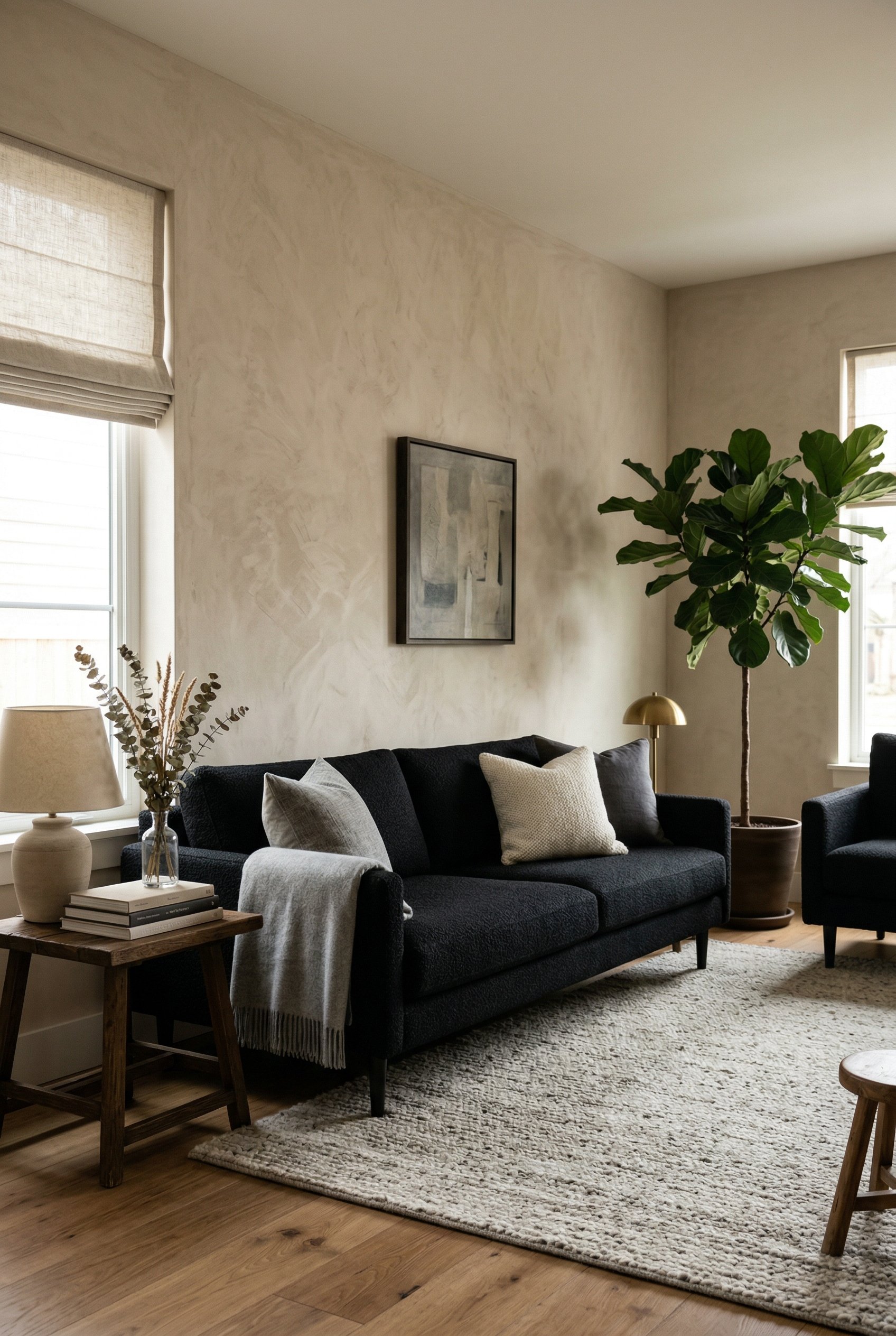 Photorealistic interior photo. Modern black sofa set against textured beige Roman clay plaster walls, soft matte finish, natural side lighting, eye-level angle. Editorial photography style, no people 