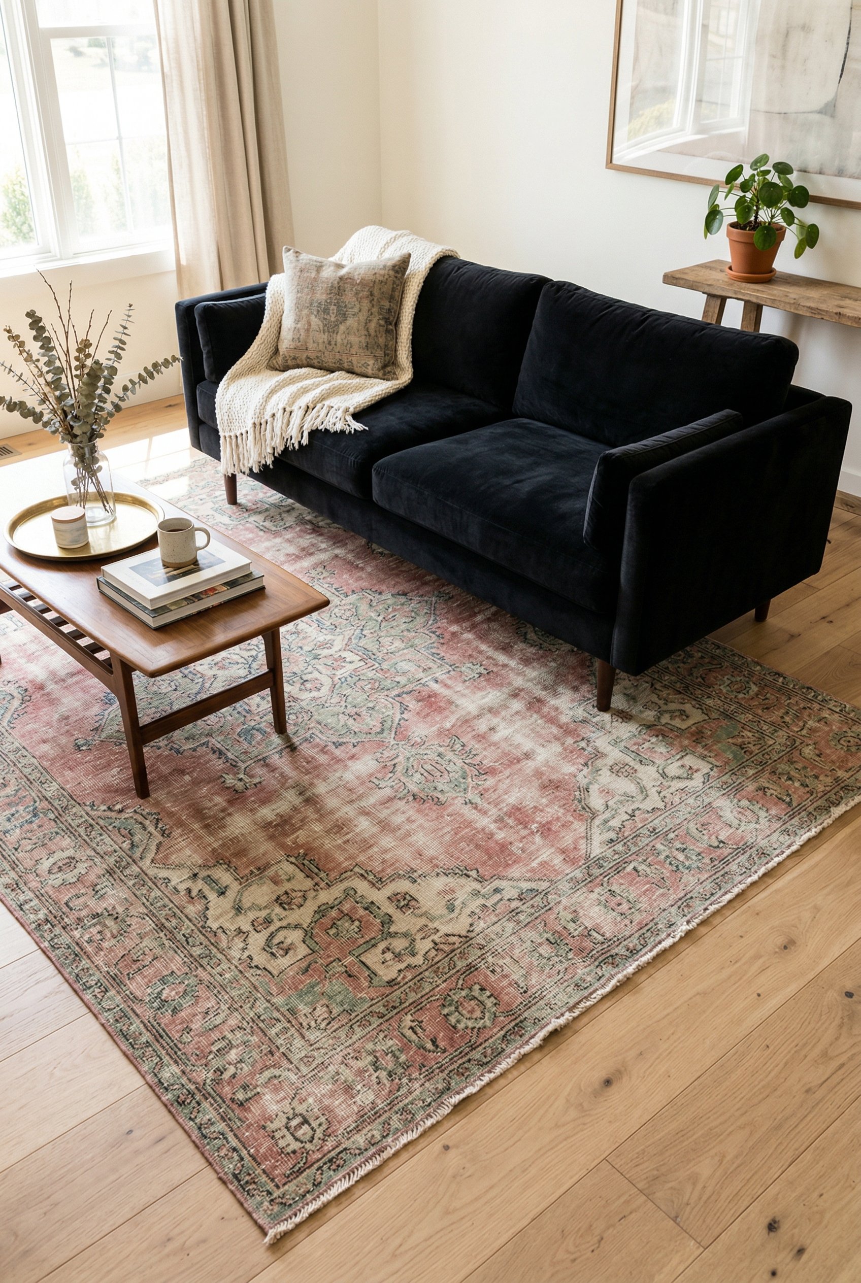 Photorealistic interior photo. Modern black velvet couch sitting on a highly distressed, faded vintage Turkish Oushak rug with muted pinks and greens, bright natural light, slightly elevated camera an