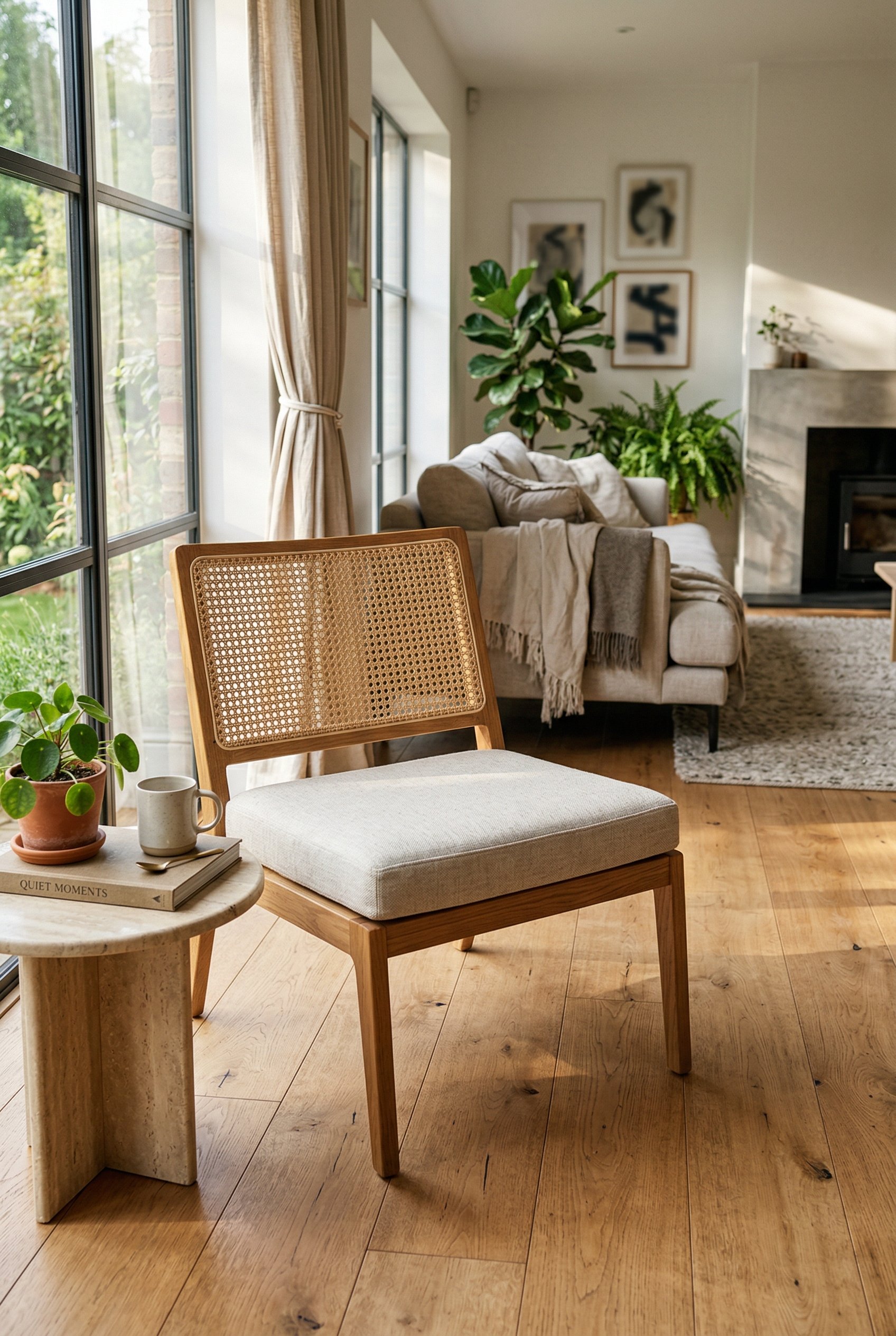 Photorealistic interior photo. Modern cane back accent chair with a light linen seat cushion, sitting on a bare wood floor in a sunlit living room. Editorial photography style, no people visible.