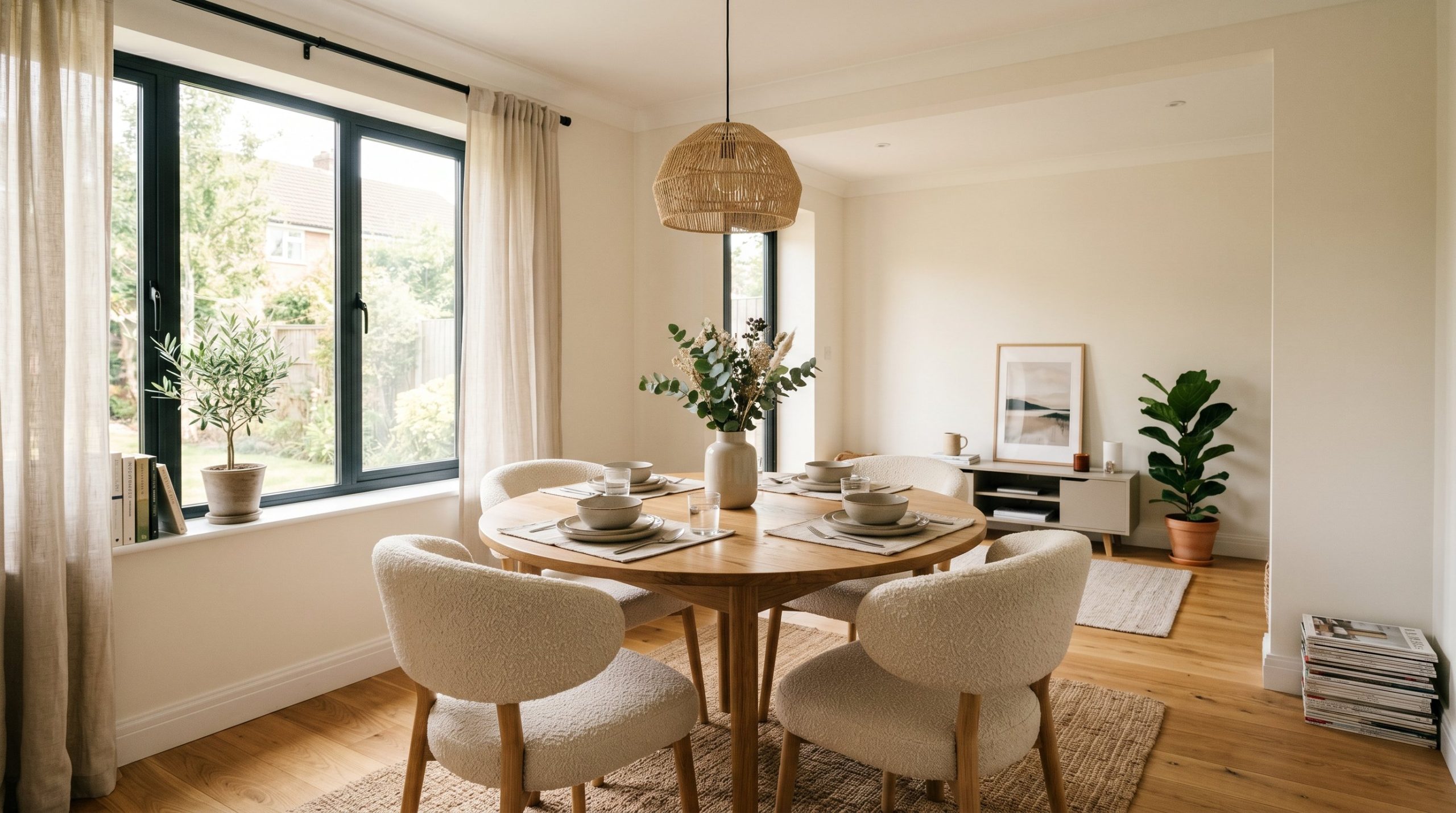 Photorealistic interior photo. Modern dining room featuring a round oak dining table surrounded by four curved-back bouclé chairs, warm natural sunlight, wide shot. Editorial photography style, no peo