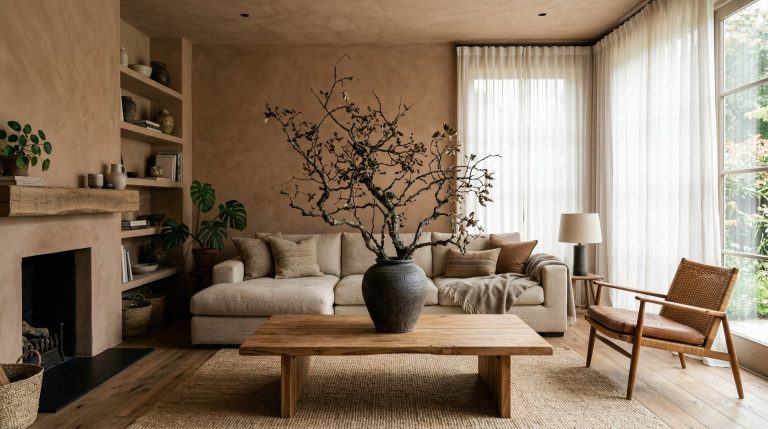 Photorealistic interior photo. Modern earthy living room, massive foraged oak branch in a heavy stoneware vase on a raw teak coffee table, textured linen sofa, warm muddy terracotta walls, bright natu
