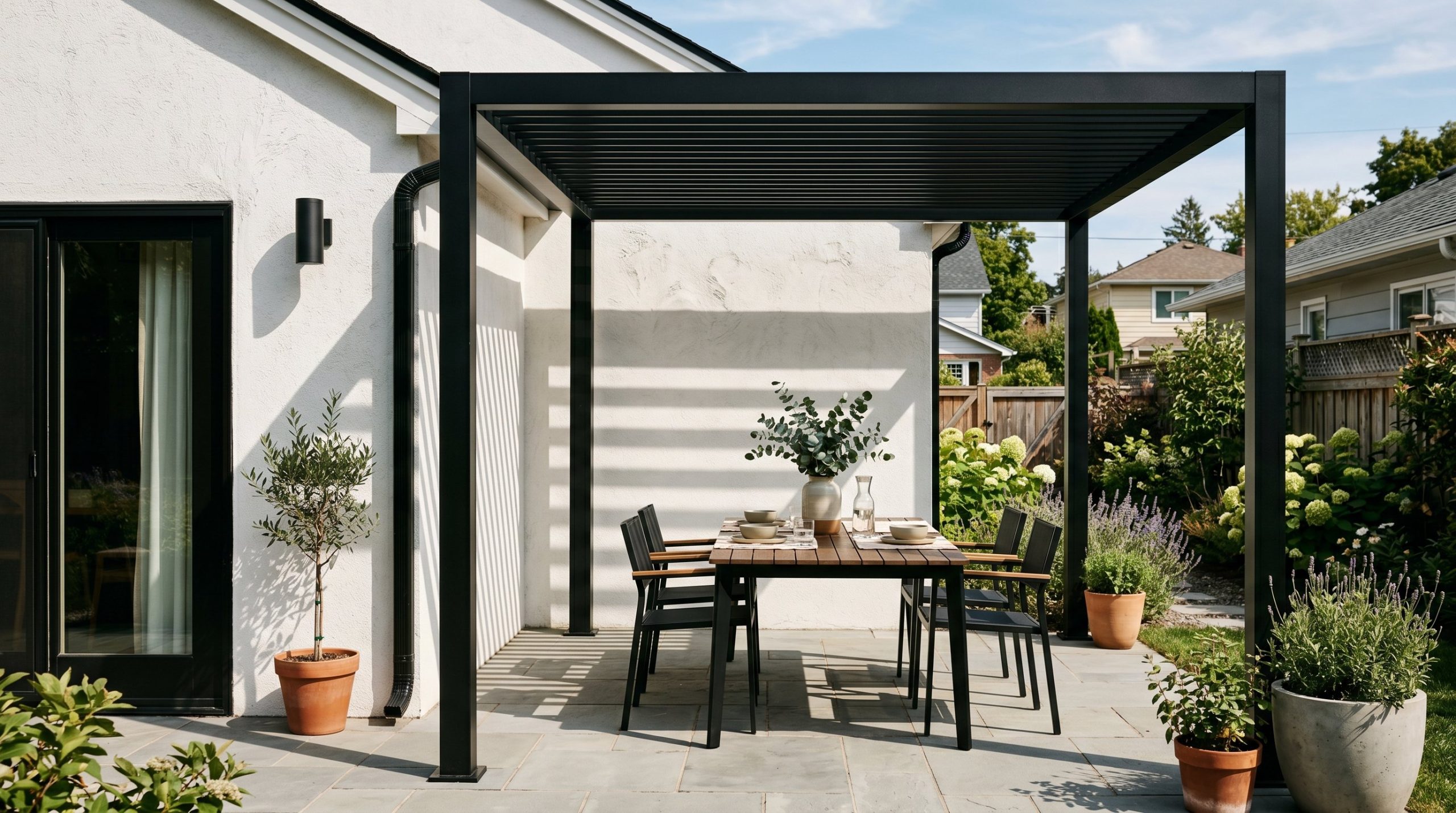 Photorealistic interior photo. Modern freestanding black metal pergola placed exactly two inches away from white stucco house wall, minimalist patio dining setup, crisp afternoon shadows, angled persp