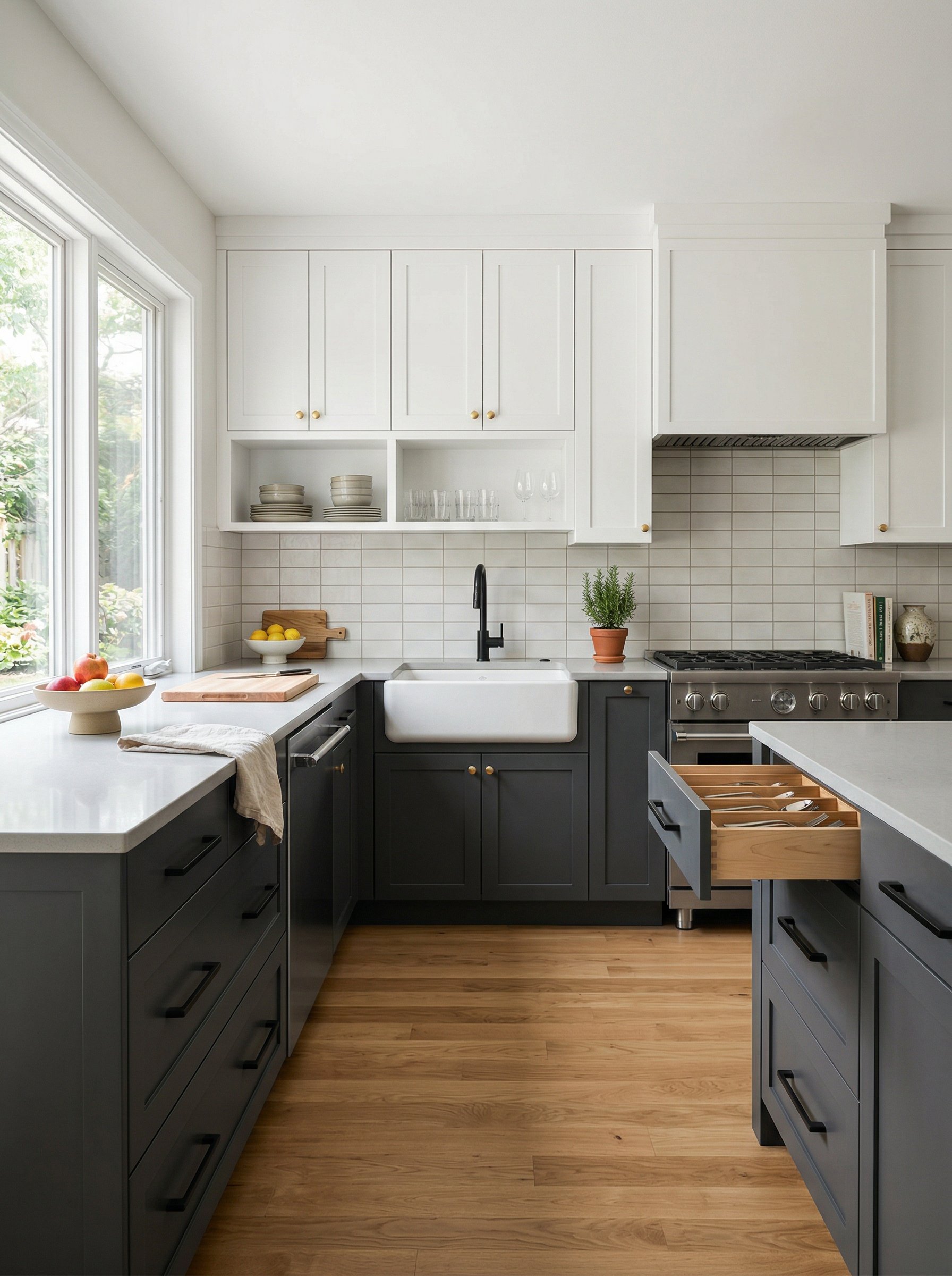 Photorealistic interior photo. Modern kitchen featuring matte black pulls on base cabinets and sleek gold knobs on upper cabinets, 80/20 ratio. Natural daytime lighting, head-on camera angle. Editoria